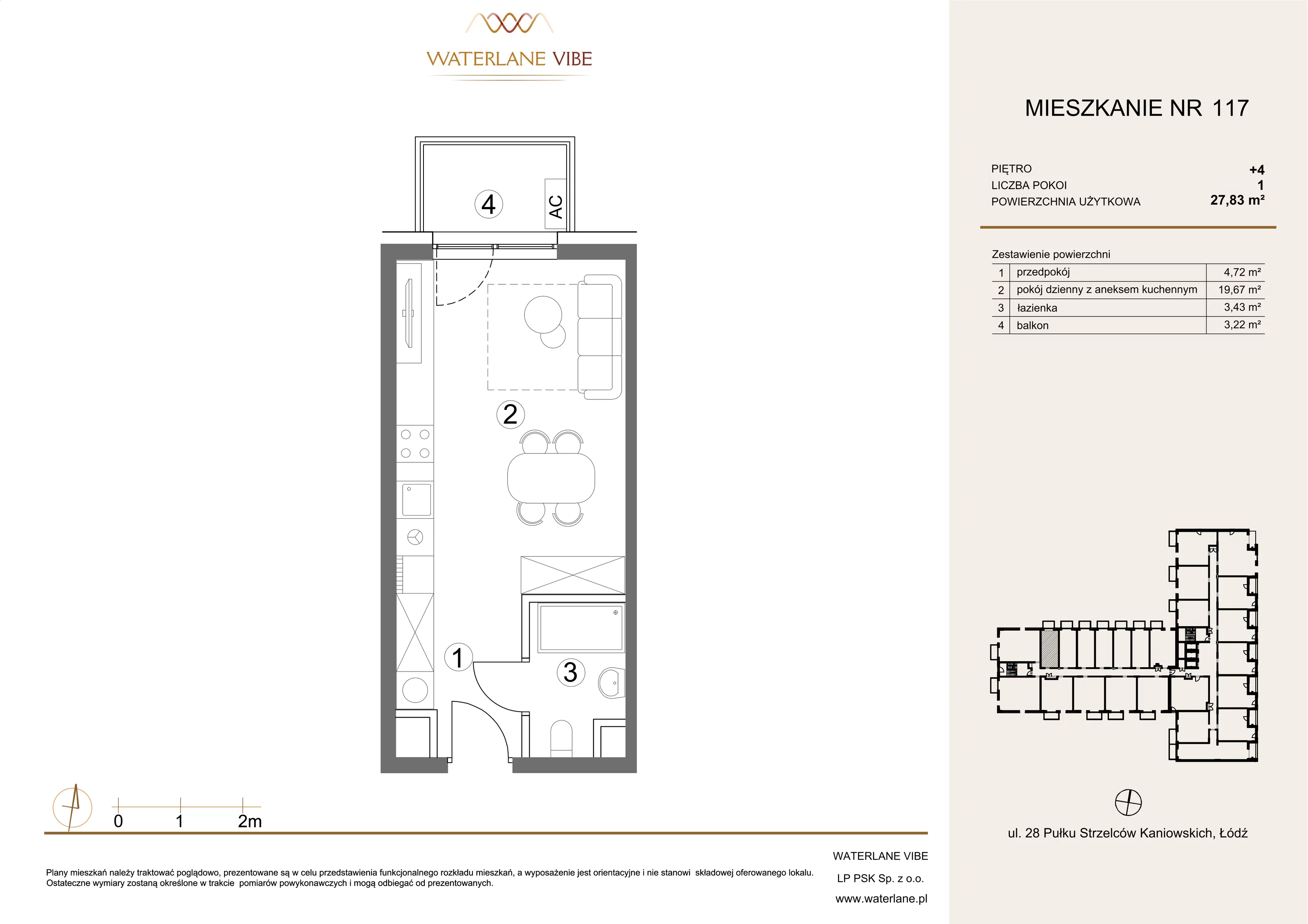1 pokój, mieszkanie 27,83 m², piętro 4, oferta nr 117, Waterlane Vibe, Łódź, Polesie, Stare Polesie, ul. 28 Pułku Strzelców Kaniowskich 29