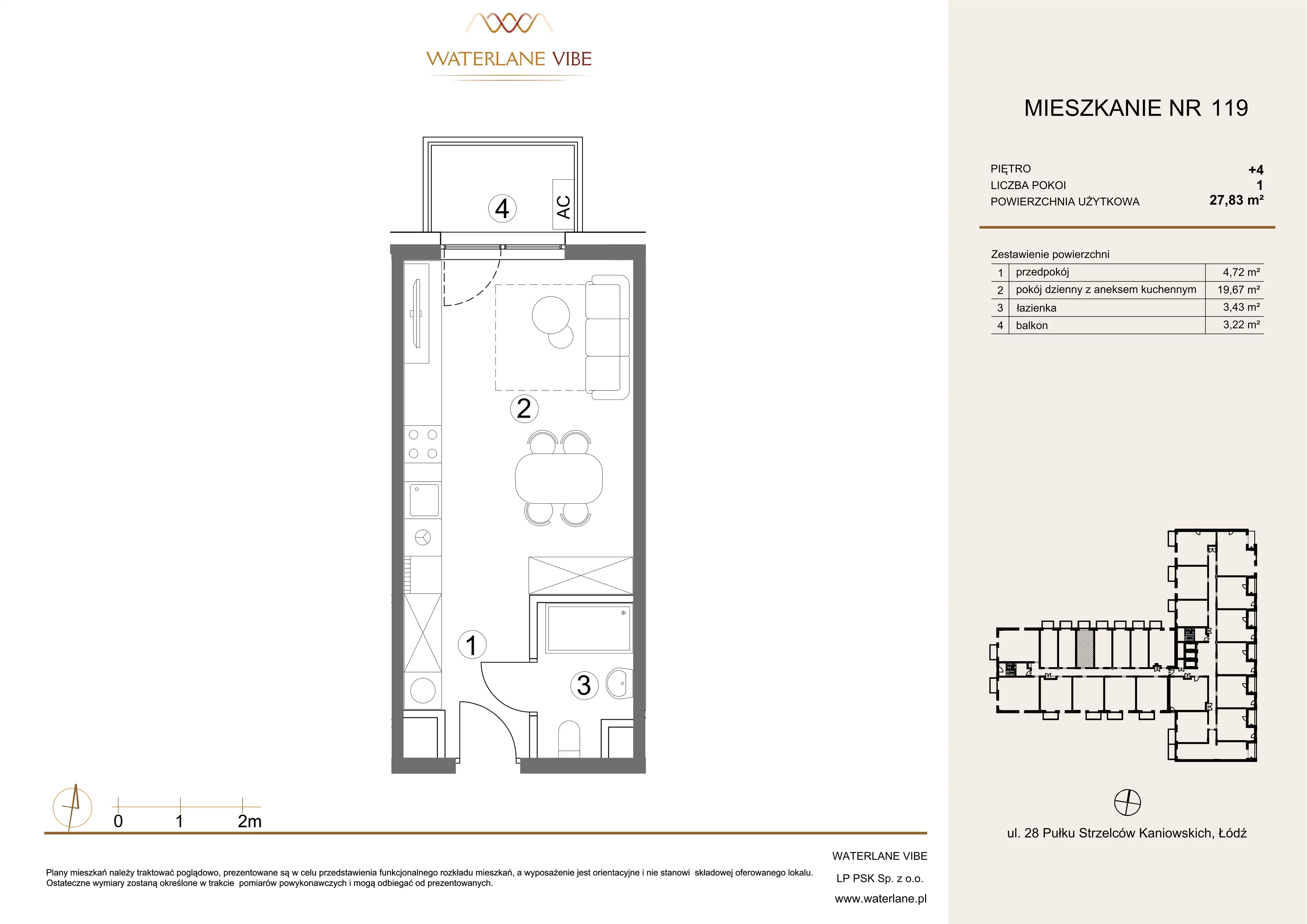 1 pokój, mieszkanie 27,83 m², piętro 4, oferta nr 119, Waterlane Vibe, Łódź, Polesie, Stare Polesie, ul. 28 Pułku Strzelców Kaniowskich 29
