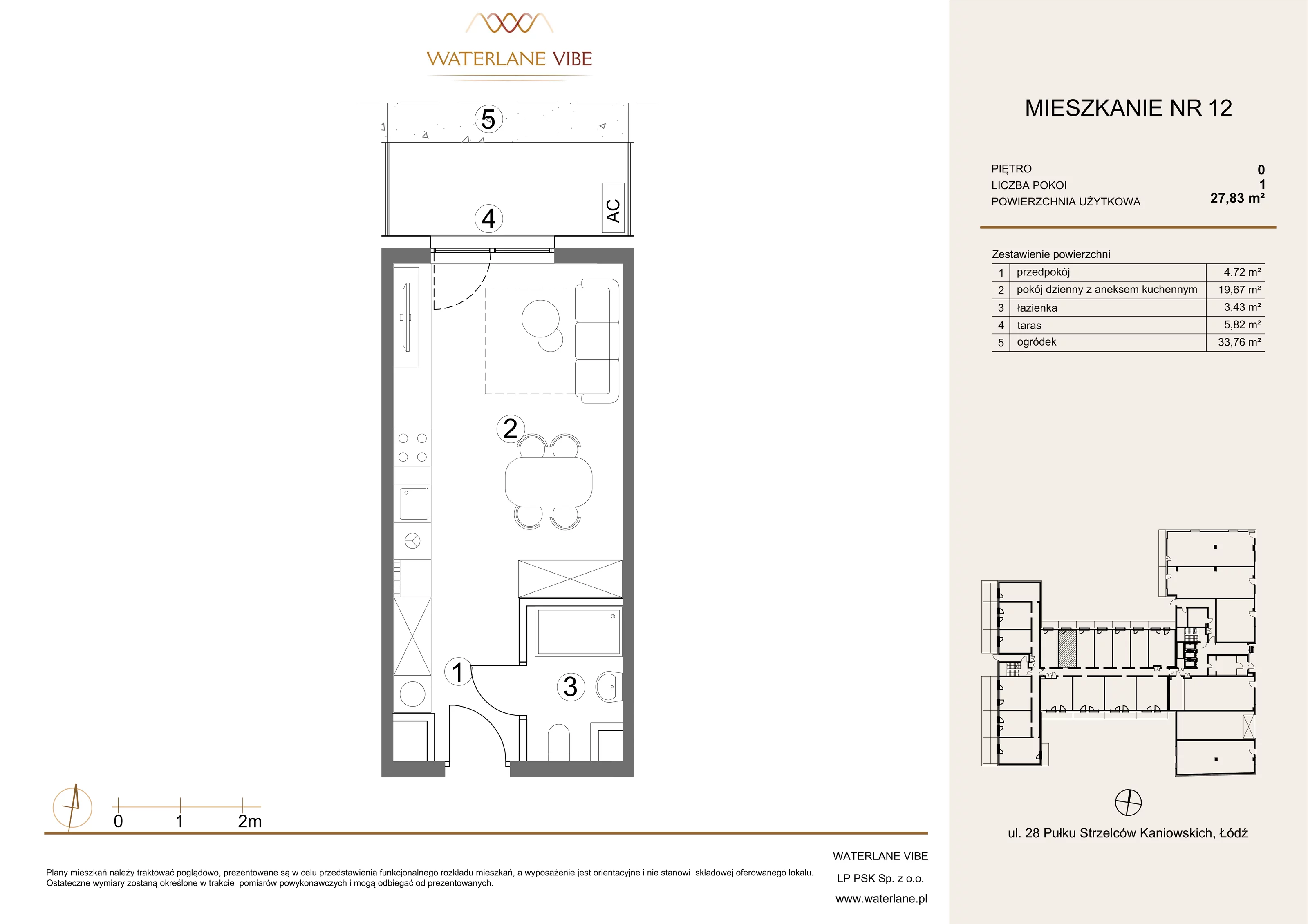 1 pokój, mieszkanie 27,83 m², parter, oferta nr 12, Waterlane Vibe, Łódź, Polesie, Stare Polesie, ul. 28 Pułku Strzelców Kaniowskich 29