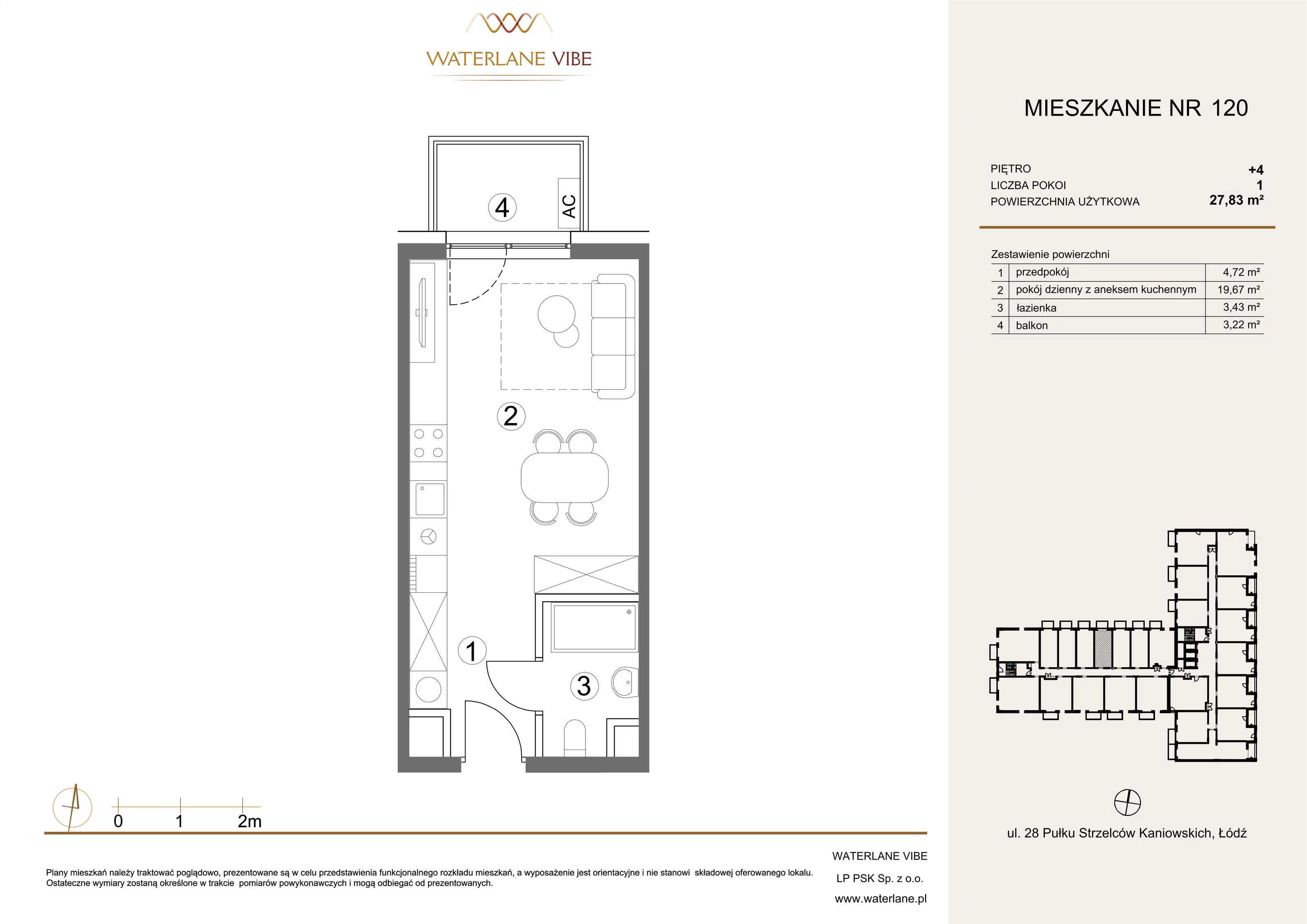 1 pokój, mieszkanie 27,83 m², piętro 4, oferta nr 120, Waterlane Vibe, Łódź, Polesie, Stare Polesie, ul. 28 Pułku Strzelców Kaniowskich 29