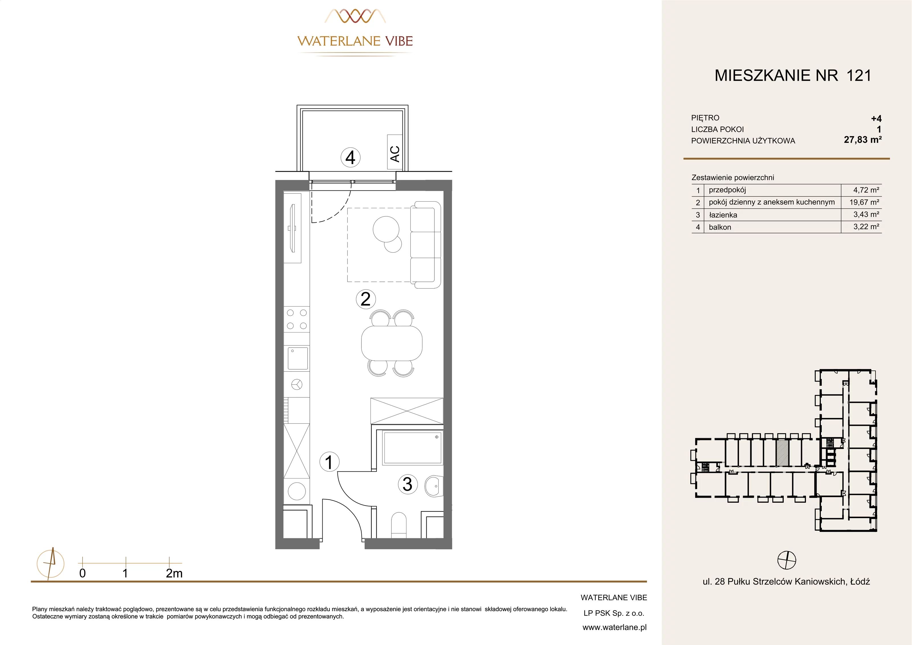 1 pokój, mieszkanie 27,83 m², piętro 4, oferta nr 121, Waterlane Vibe, Łódź, Polesie, Stare Polesie, ul. 28 Pułku Strzelców Kaniowskich 29