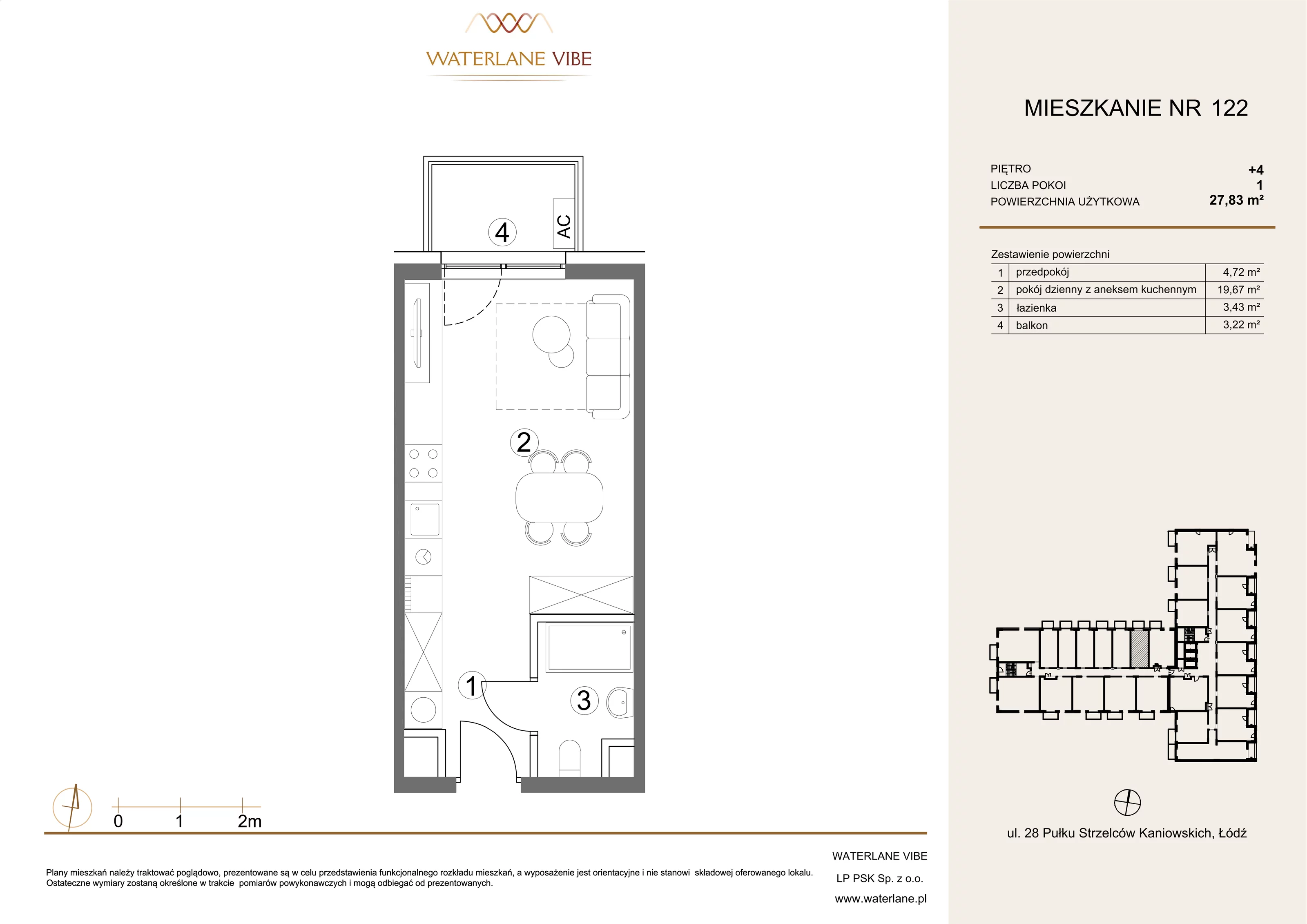 1 pokój, mieszkanie 27,83 m², piętro 4, oferta nr 122, Waterlane Vibe, Łódź, Polesie, Stare Polesie, ul. 28 Pułku Strzelców Kaniowskich 29
