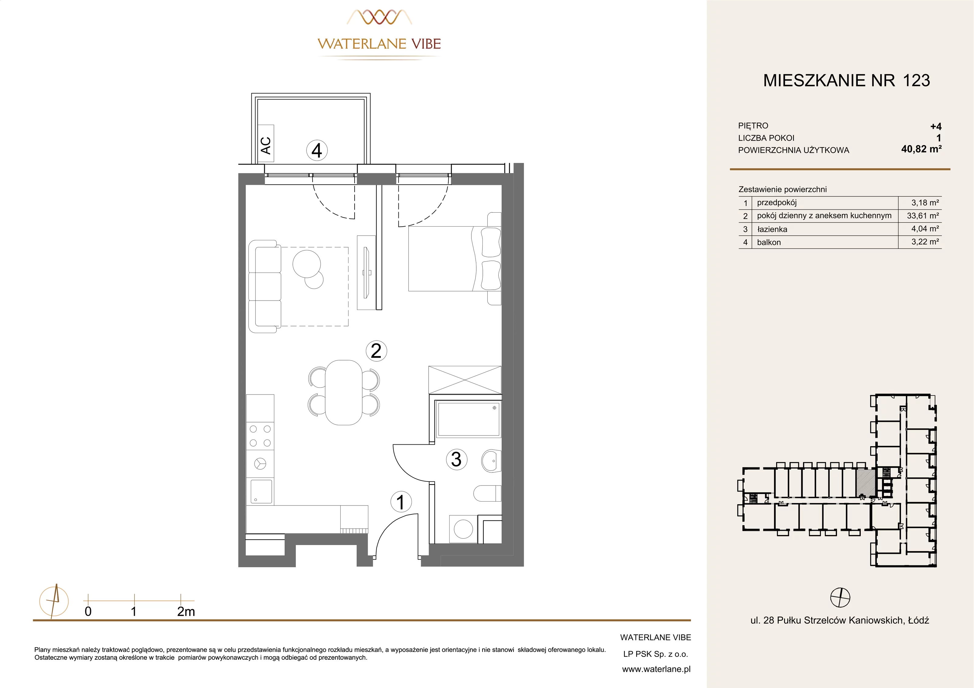 1 pokój, mieszkanie 40,82 m², piętro 4, oferta nr 123, Waterlane Vibe, Łódź, Polesie, Stare Polesie, ul. 28 Pułku Strzelców Kaniowskich 29