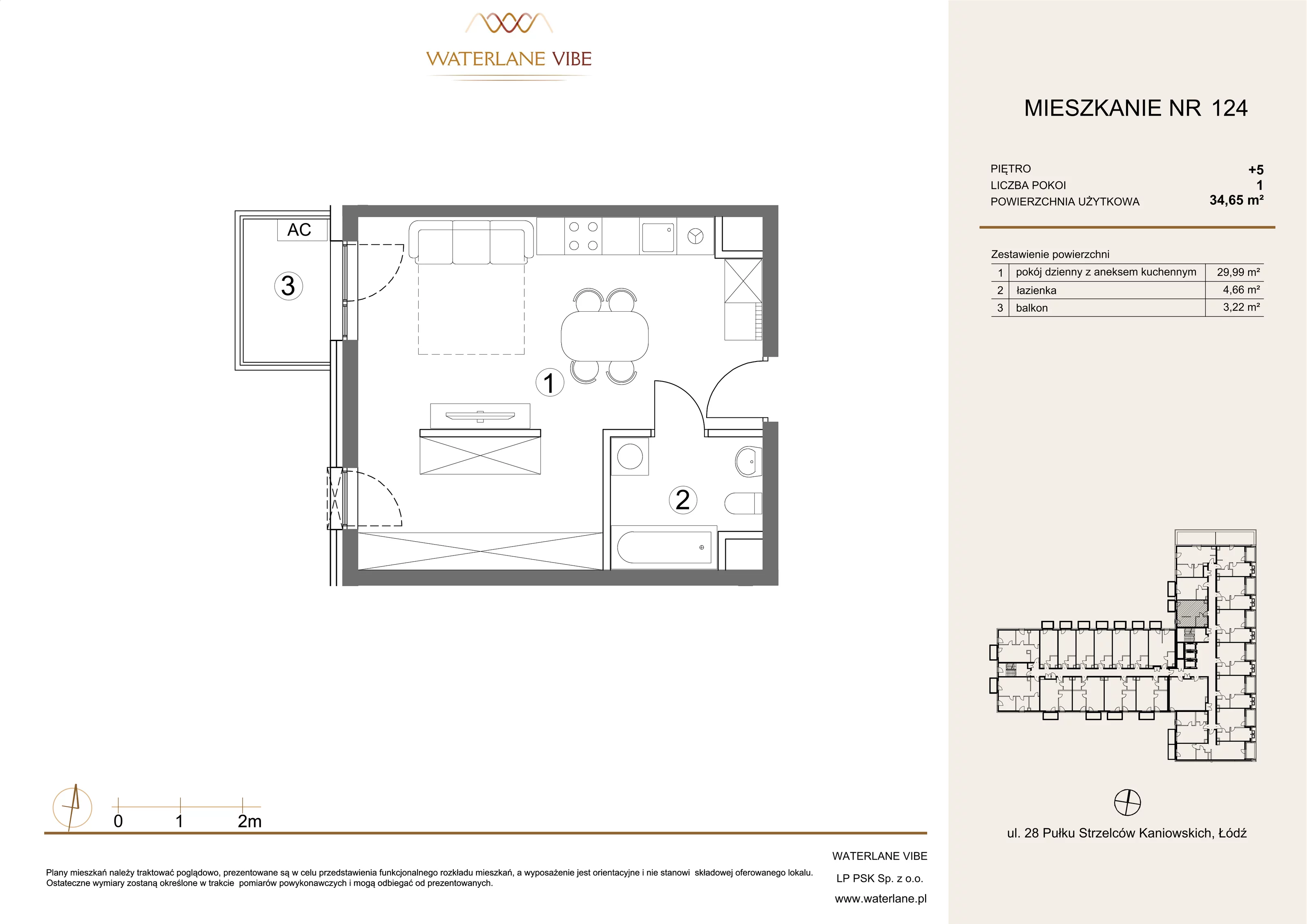 1 pokój, mieszkanie 34,65 m², piętro 5, oferta nr 124, Waterlane Vibe, Łódź, Polesie, Stare Polesie, ul. 28 Pułku Strzelców Kaniowskich 29