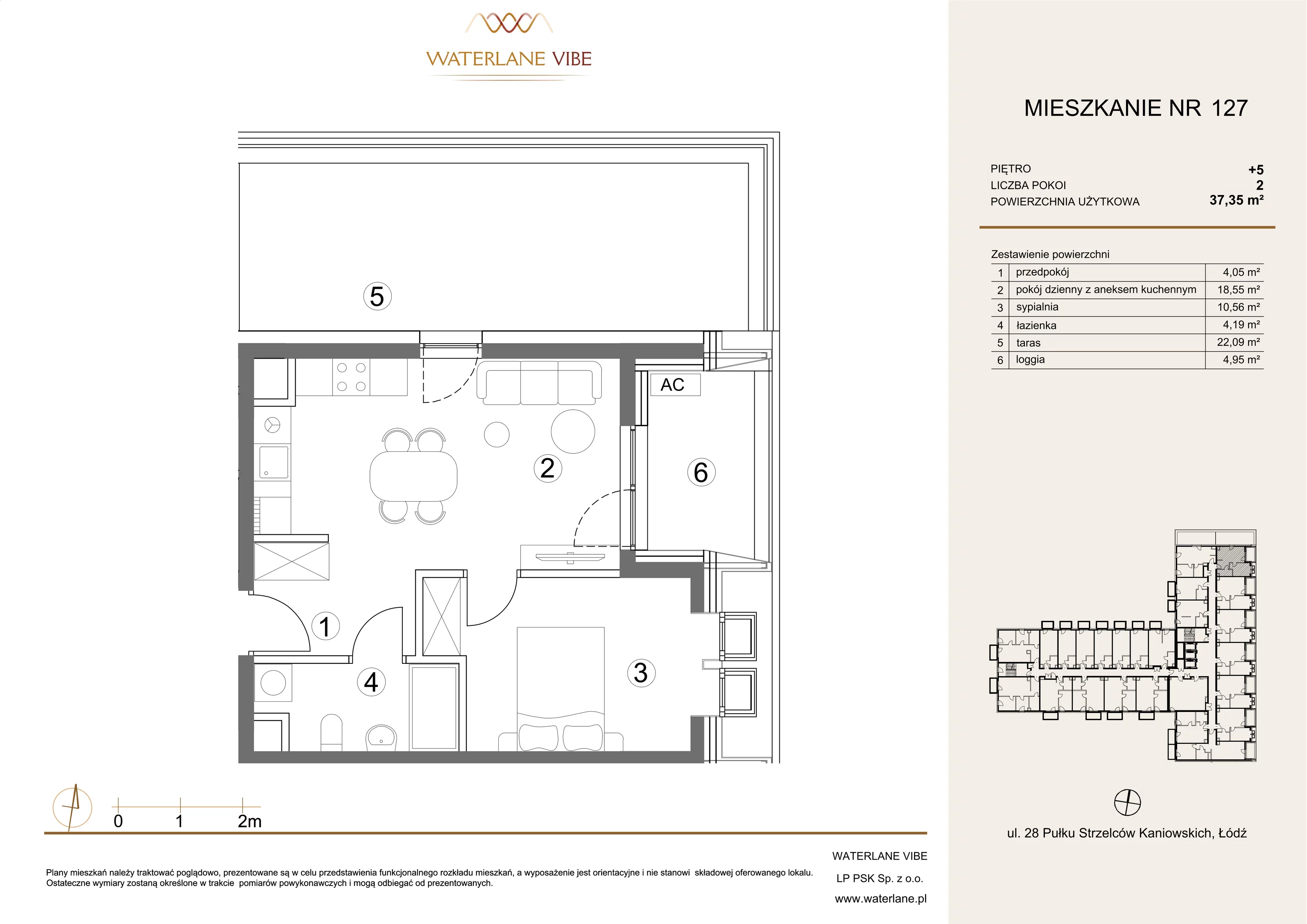2 pokoje, mieszkanie 37,35 m², piętro 5, oferta nr 127, Waterlane Vibe, Łódź, Polesie, Stare Polesie, ul. 28 Pułku Strzelców Kaniowskich 29