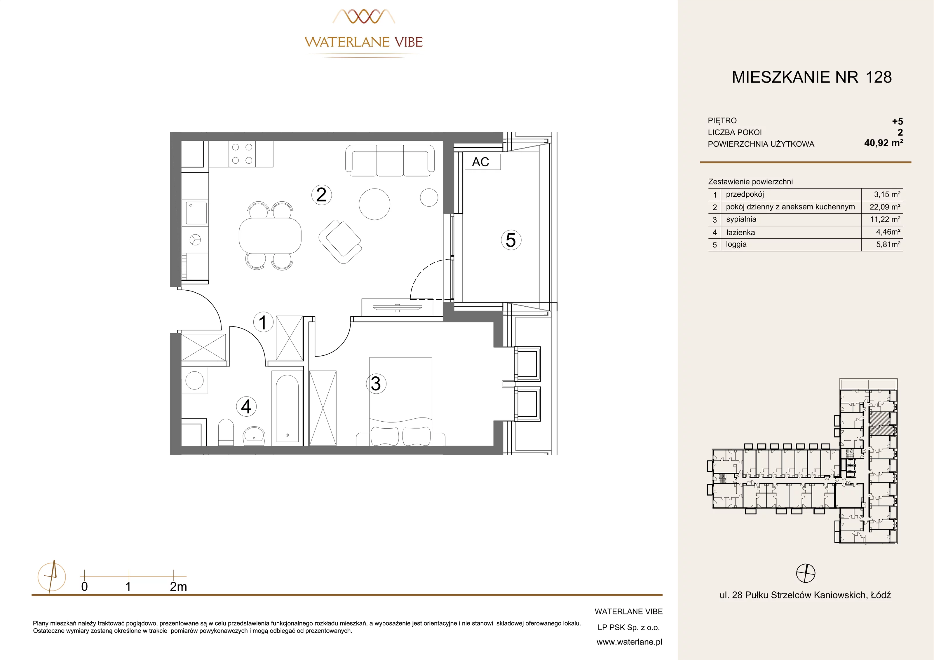 2 pokoje, mieszkanie 40,92 m², piętro 5, oferta nr 128, Waterlane Vibe, Łódź, Polesie, Stare Polesie, ul. 28 Pułku Strzelców Kaniowskich 29
