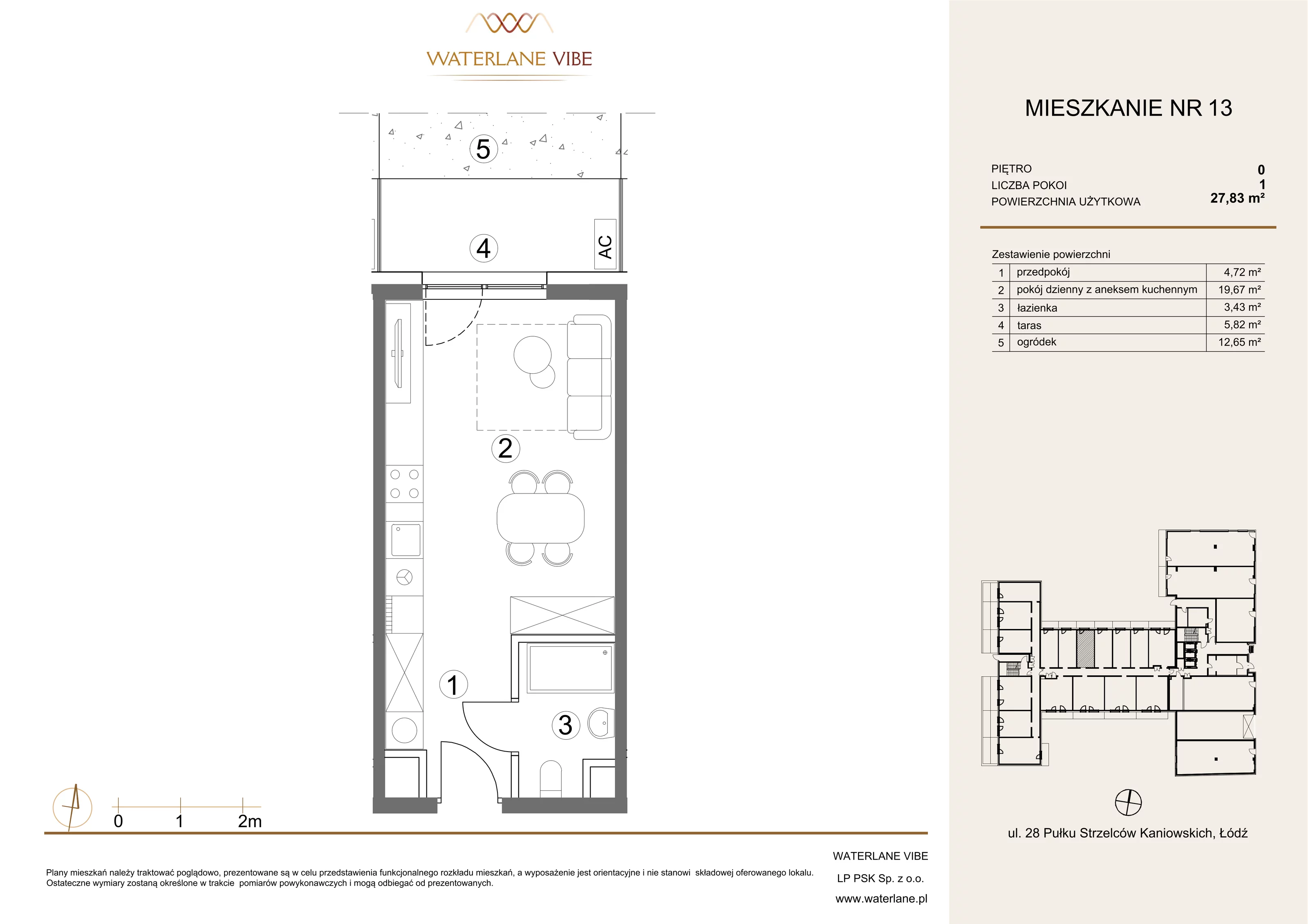 1 pokój, mieszkanie 27,83 m², parter, oferta nr 13, Waterlane Vibe, Łódź, Polesie, Stare Polesie, ul. 28 Pułku Strzelców Kaniowskich 29