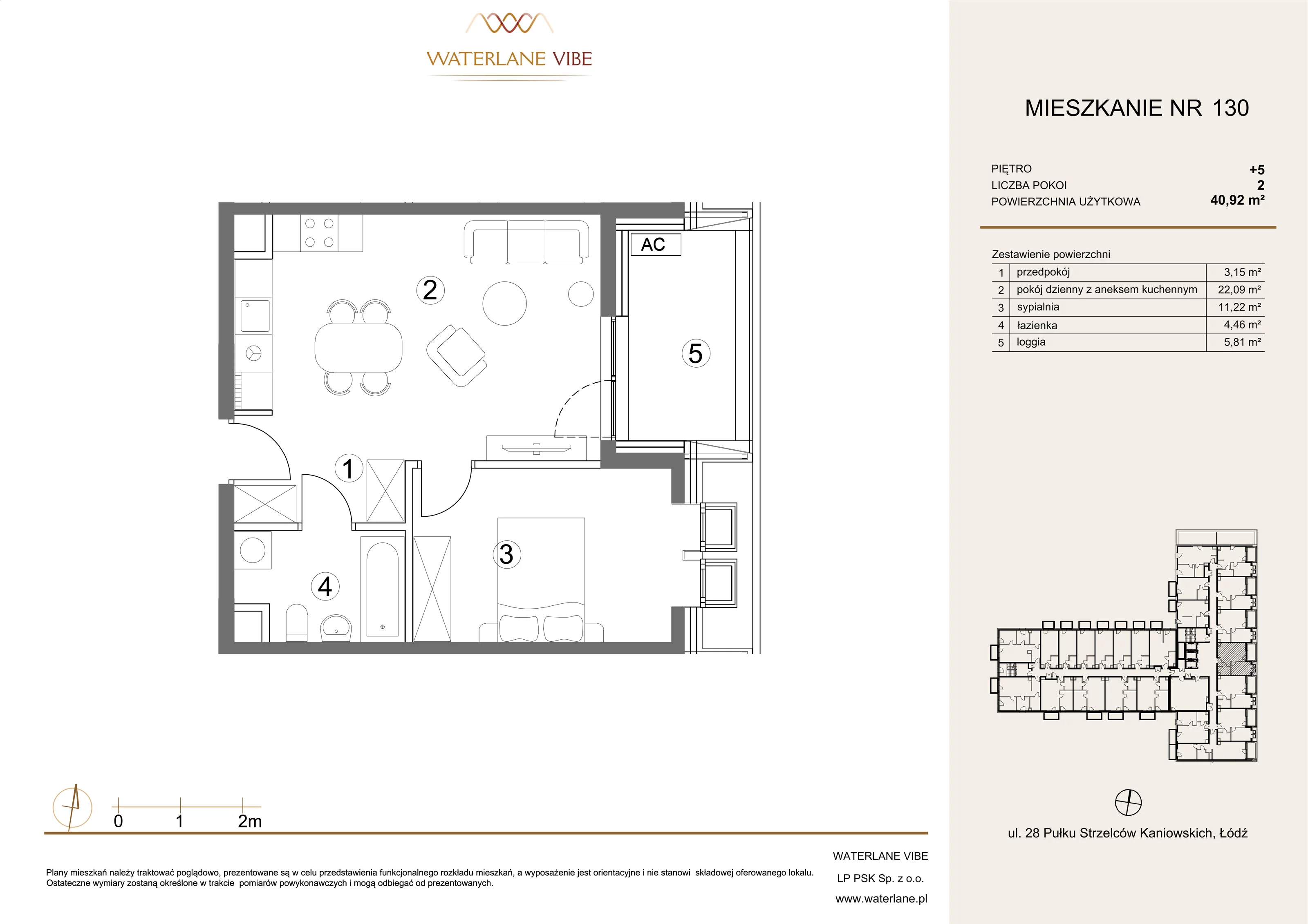 2 pokoje, mieszkanie 40,92 m², piętro 5, oferta nr 130, Waterlane Vibe, Łódź, Polesie, Stare Polesie, ul. 28 Pułku Strzelców Kaniowskich 29