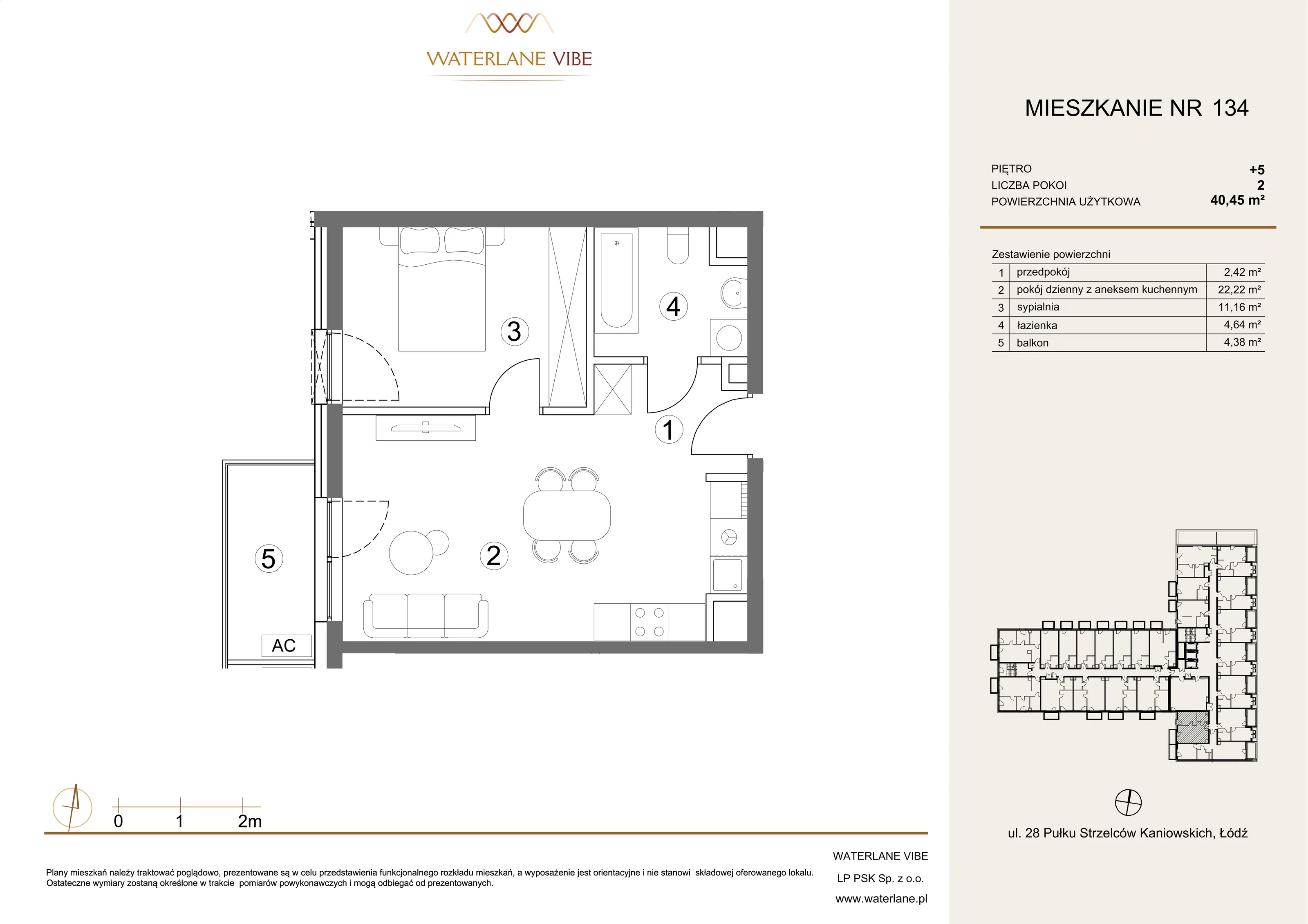 2 pokoje, mieszkanie 40,45 m², piętro 5, oferta nr 134, Waterlane Vibe, Łódź, Polesie, Stare Polesie, ul. 28 Pułku Strzelców Kaniowskich 29