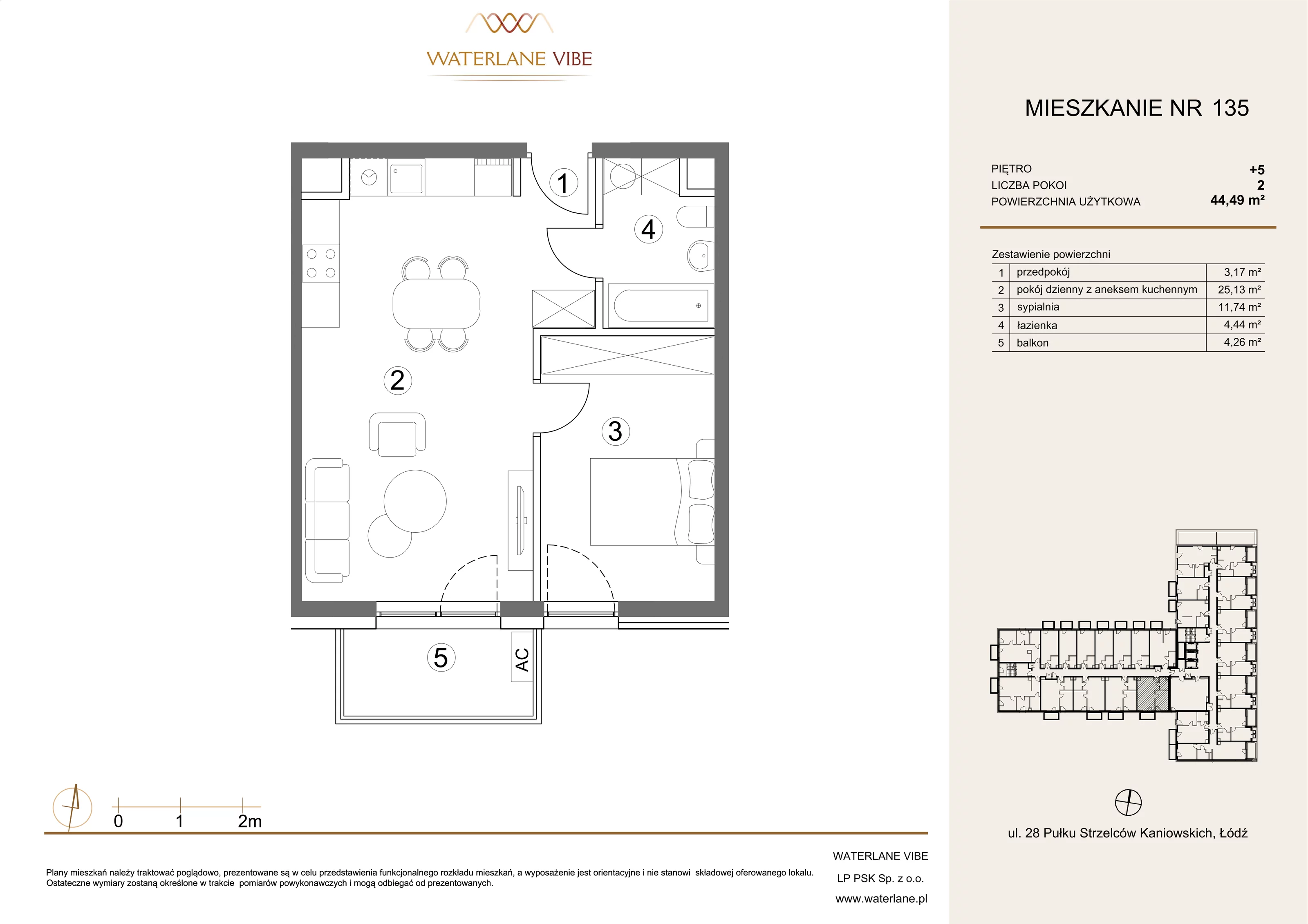 2 pokoje, mieszkanie 44,49 m², piętro 5, oferta nr 135, Waterlane Vibe, Łódź, Polesie, Stare Polesie, ul. 28 Pułku Strzelców Kaniowskich 29