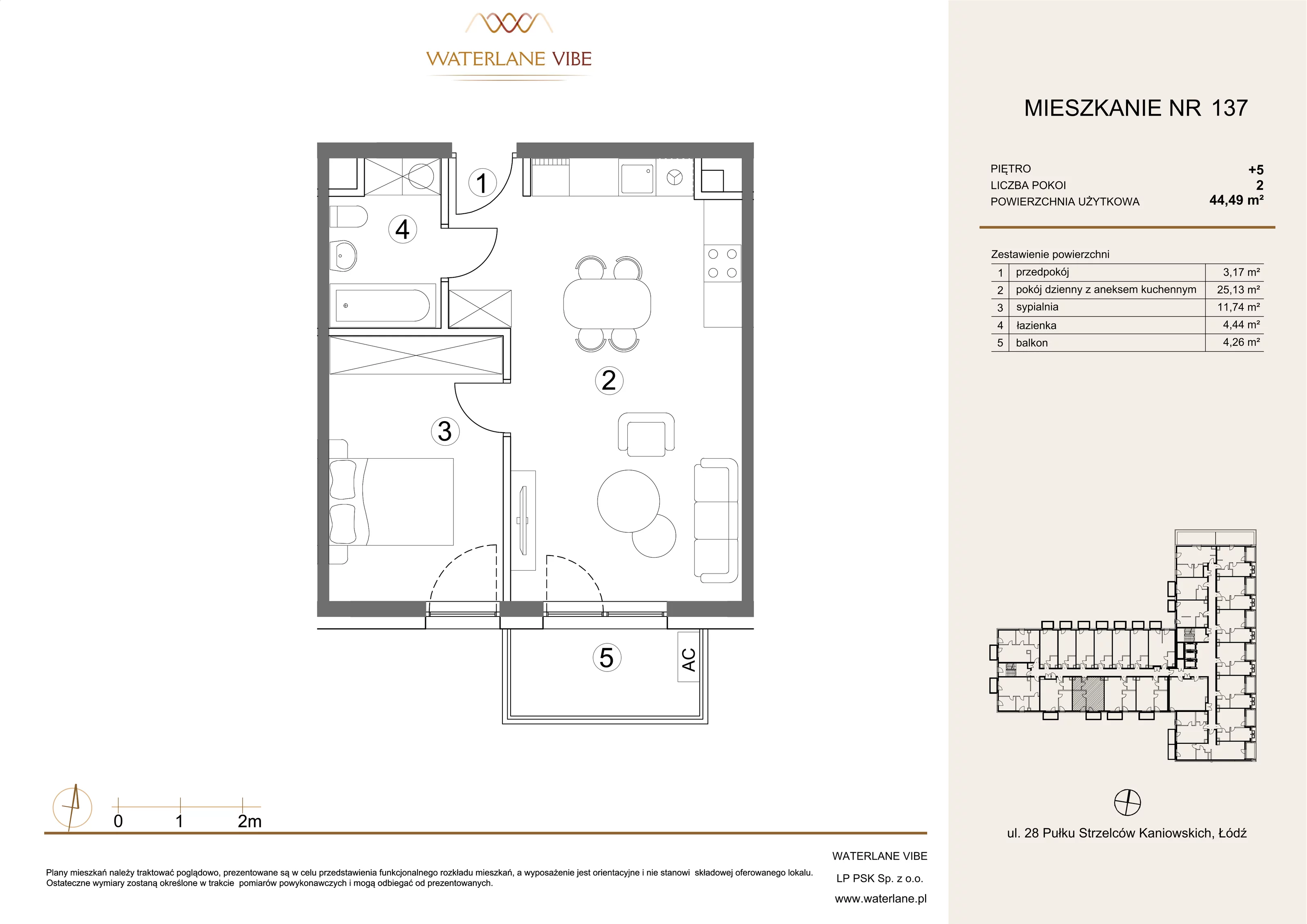 2 pokoje, mieszkanie 44,49 m², piętro 5, oferta nr 137, Waterlane Vibe, Łódź, Polesie, Stare Polesie, ul. 28 Pułku Strzelców Kaniowskich 29