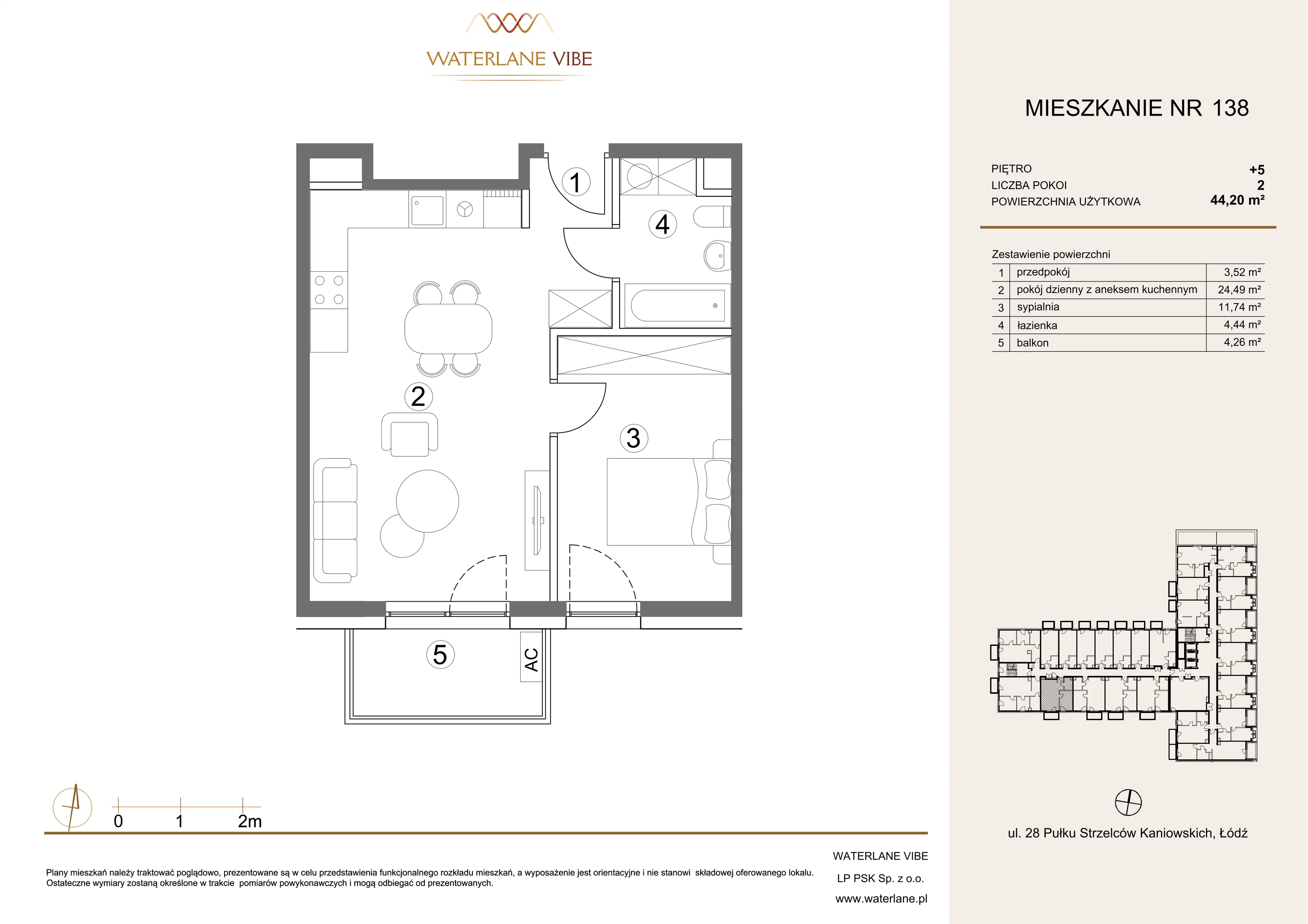 2 pokoje, mieszkanie 44,20 m², piętro 5, oferta nr 138, Waterlane Vibe, Łódź, Polesie, Stare Polesie, ul. 28 Pułku Strzelców Kaniowskich 29