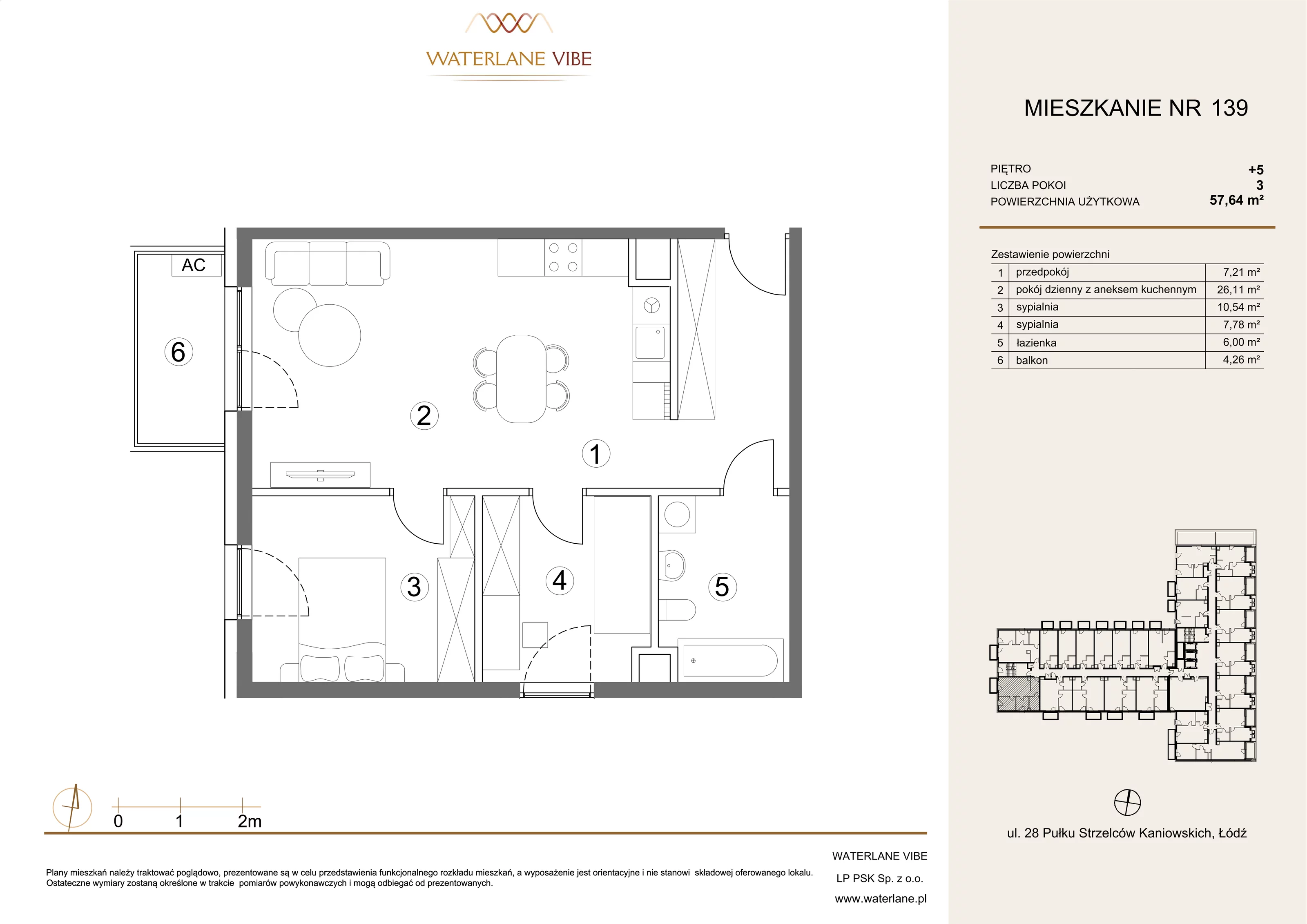 3 pokoje, mieszkanie 57,64 m², piętro 5, oferta nr 139, Waterlane Vibe, Łódź, Polesie, Stare Polesie, ul. 28 Pułku Strzelców Kaniowskich 29