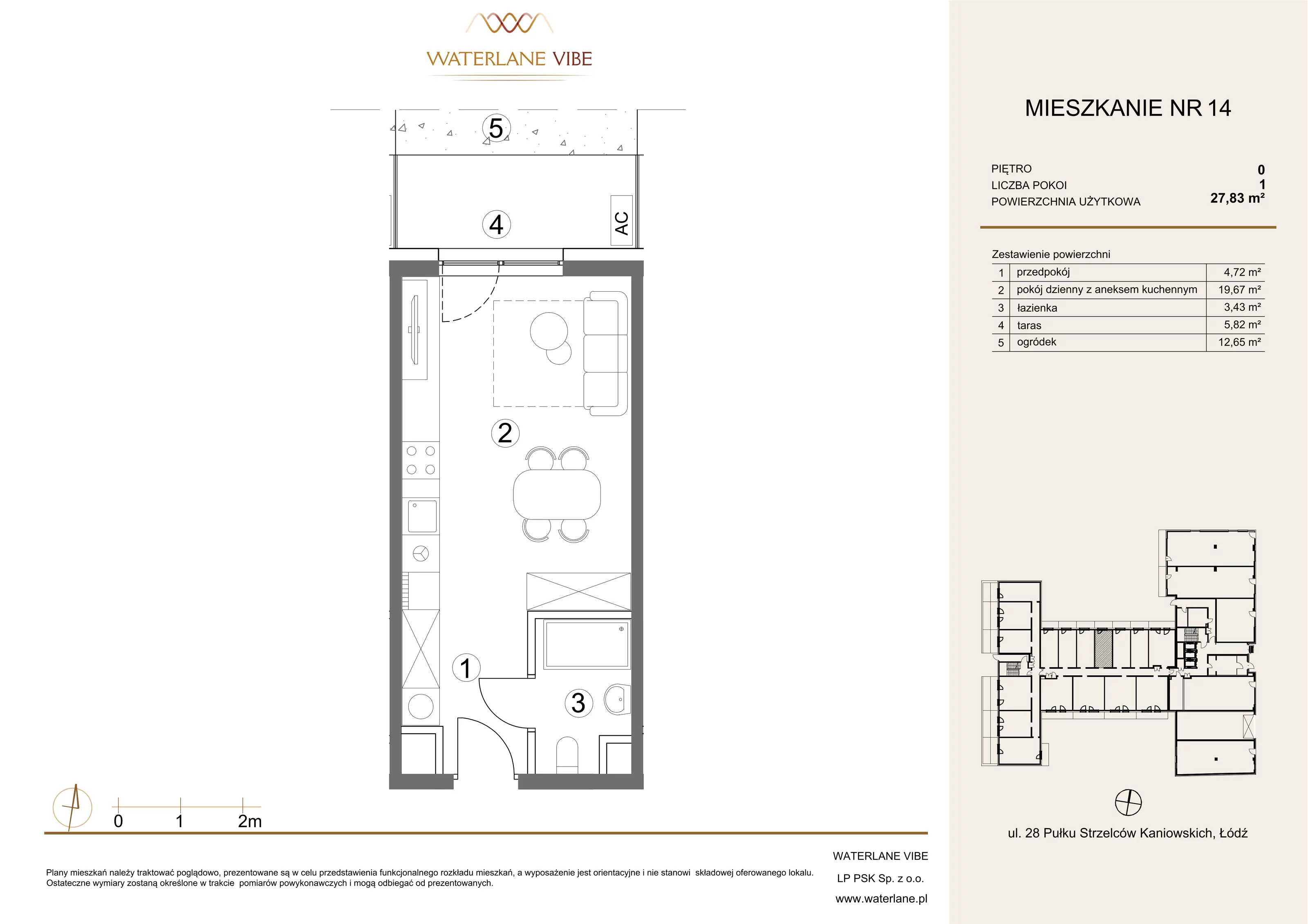 1 pokój, mieszkanie 27,83 m², parter, oferta nr 14, Waterlane Vibe, Łódź, Polesie, Stare Polesie, ul. 28 Pułku Strzelców Kaniowskich 29