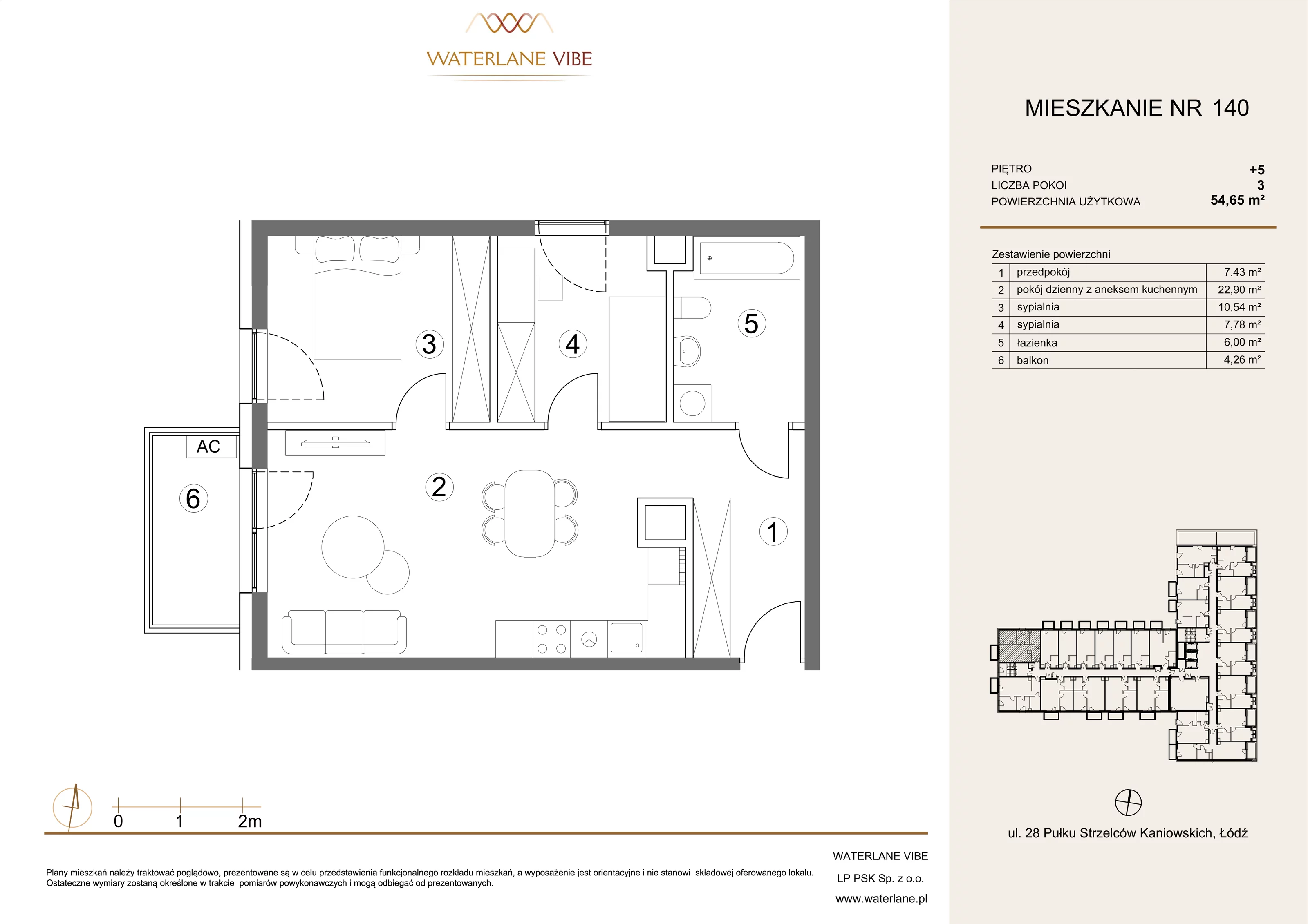 3 pokoje, mieszkanie 54,65 m², piętro 5, oferta nr 140, Waterlane Vibe, Łódź, Polesie, Stare Polesie, ul. 28 Pułku Strzelców Kaniowskich 29