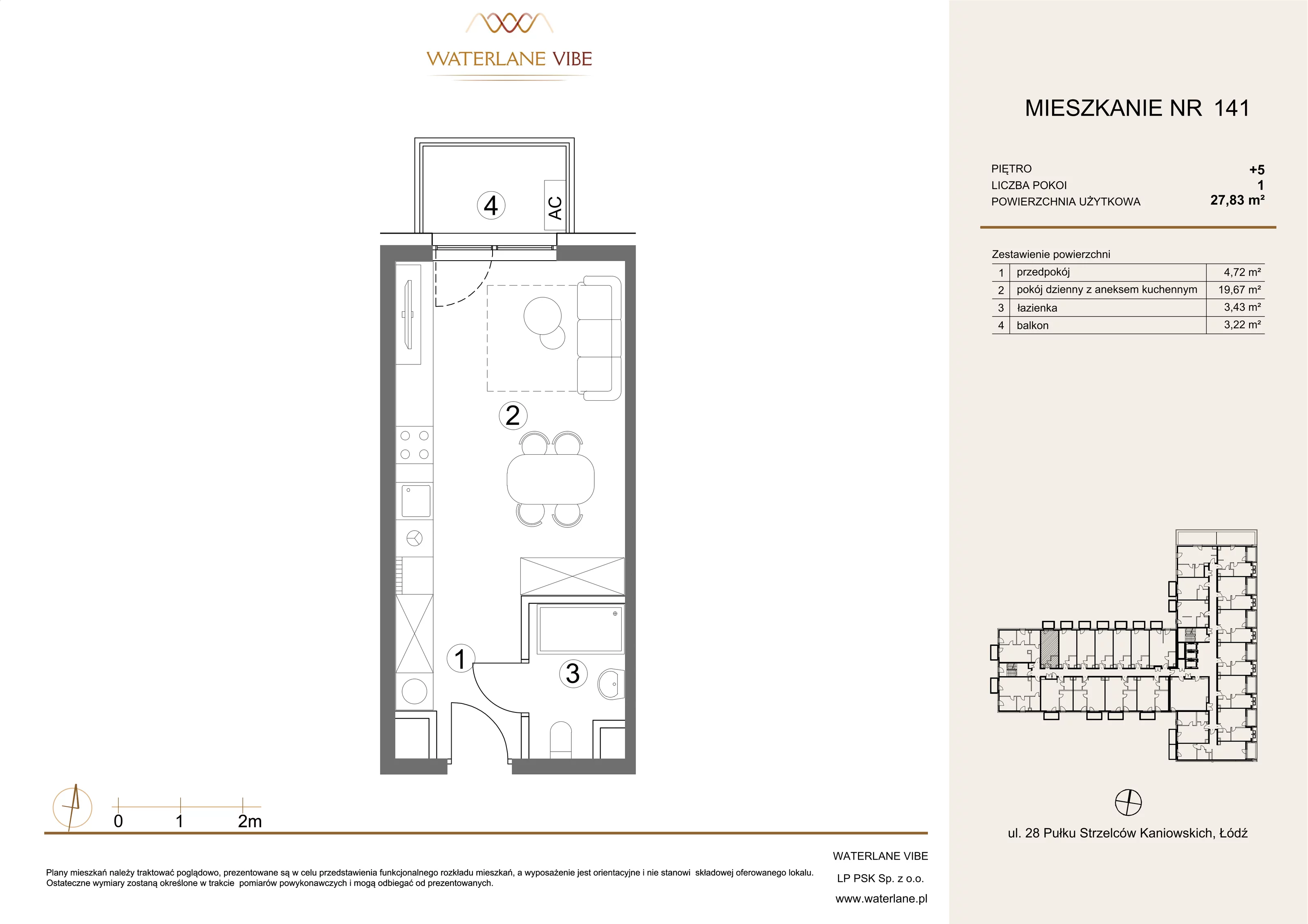 1 pokój, mieszkanie 27,83 m², piętro 5, oferta nr 141, Waterlane Vibe, Łódź, Polesie, Stare Polesie, ul. 28 Pułku Strzelców Kaniowskich 29
