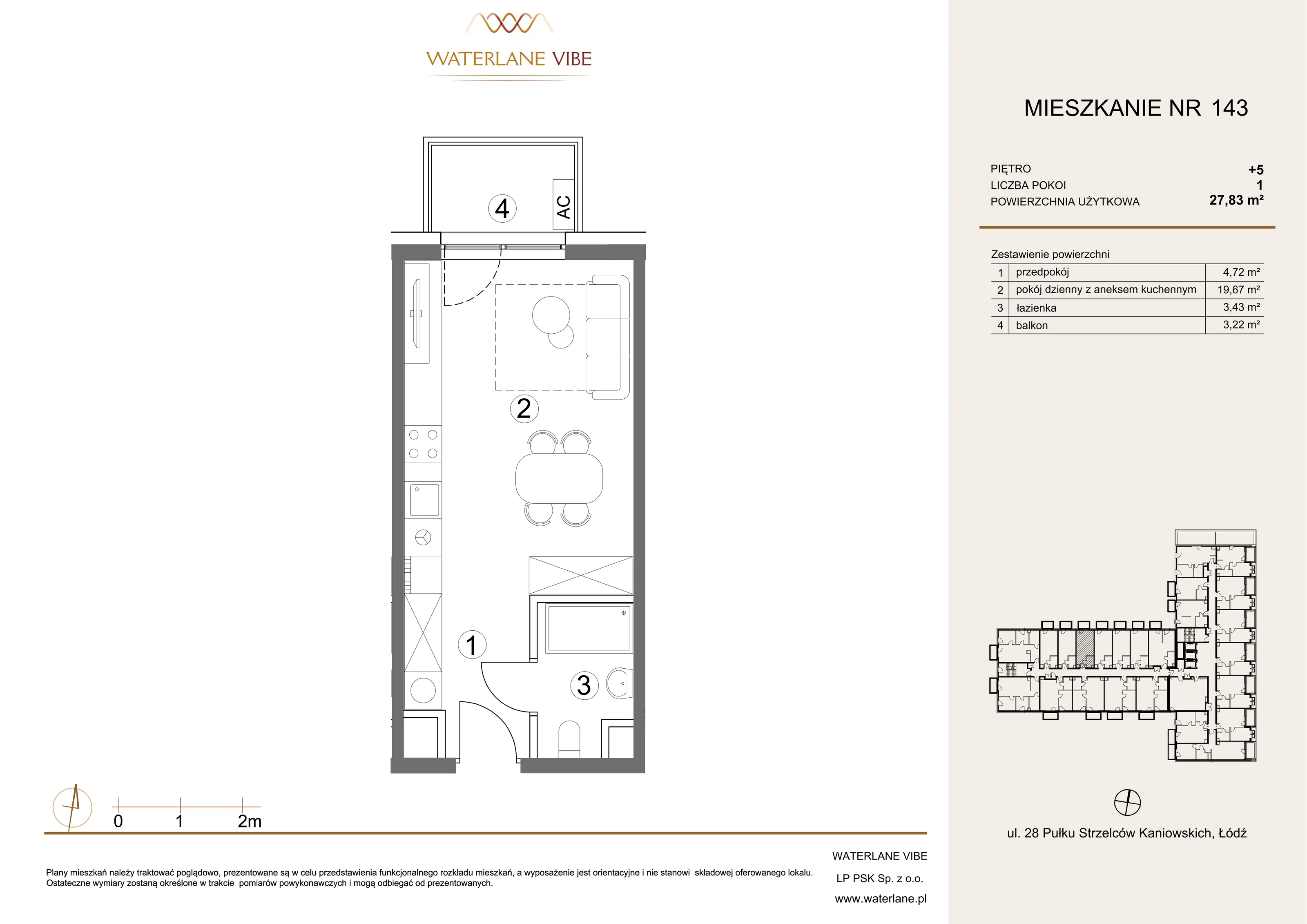 1 pokój, mieszkanie 27,83 m², piętro 5, oferta nr 143, Waterlane Vibe, Łódź, Polesie, Stare Polesie, ul. 28 Pułku Strzelców Kaniowskich 29