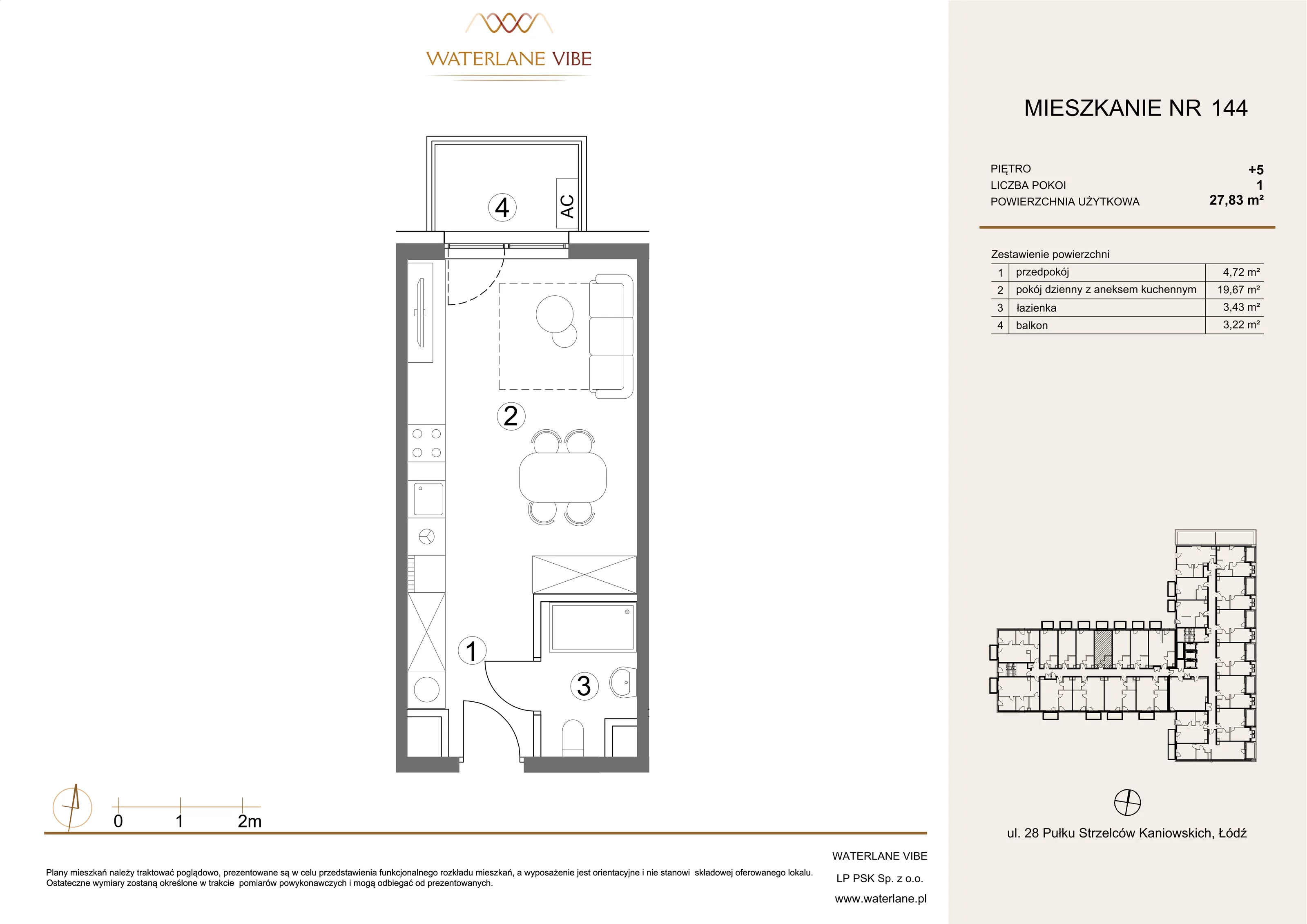 1 pokój, mieszkanie 27,83 m², piętro 5, oferta nr 144, Waterlane Vibe, Łódź, Polesie, Stare Polesie, ul. 28 Pułku Strzelców Kaniowskich 29
