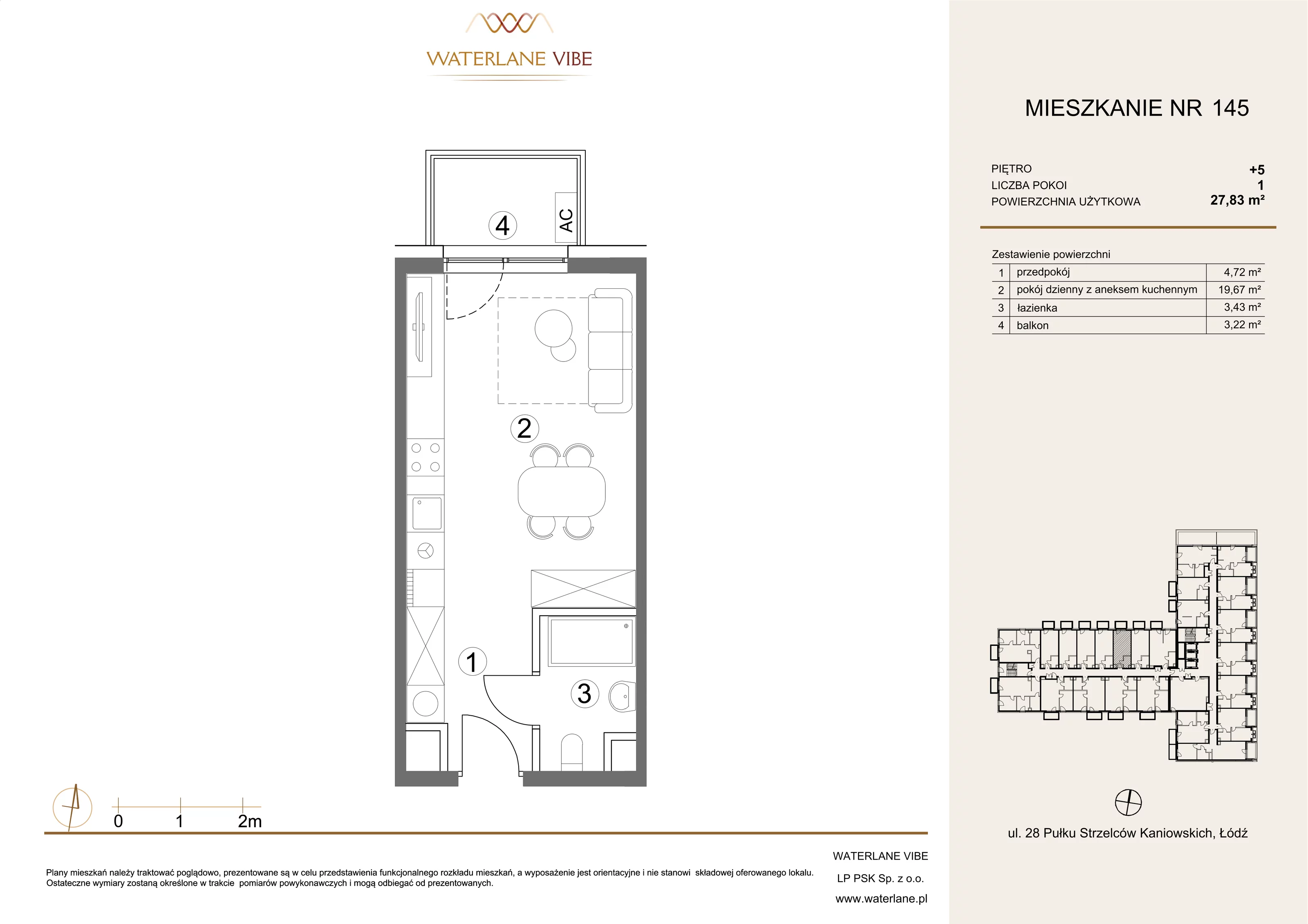 1 pokój, mieszkanie 27,83 m², piętro 5, oferta nr 145, Waterlane Vibe, Łódź, Polesie, Stare Polesie, ul. 28 Pułku Strzelców Kaniowskich 29