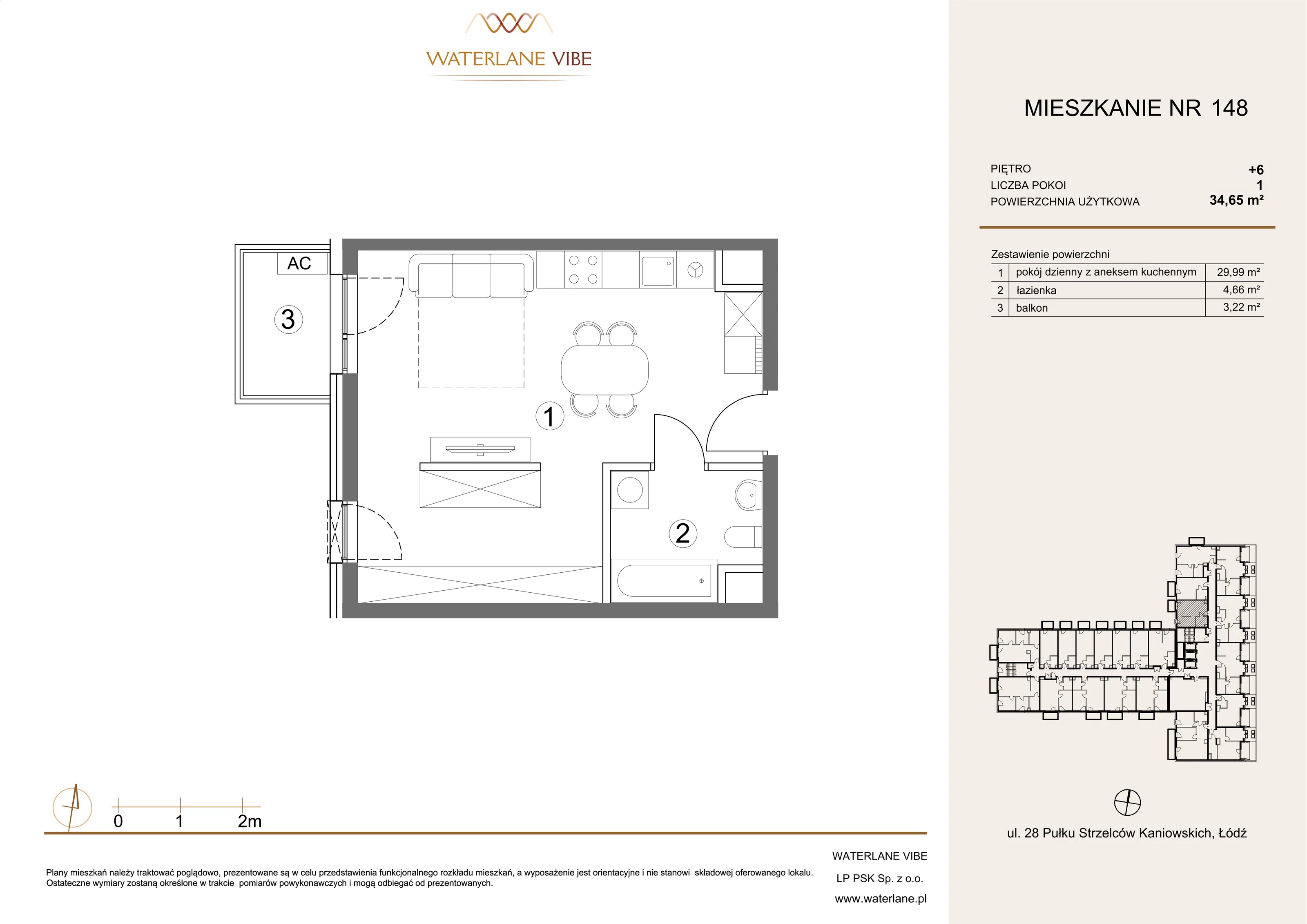 1 pokój, mieszkanie 34,65 m², piętro 6, oferta nr 148, Waterlane Vibe, Łódź, Polesie, Stare Polesie, ul. 28 Pułku Strzelców Kaniowskich 29