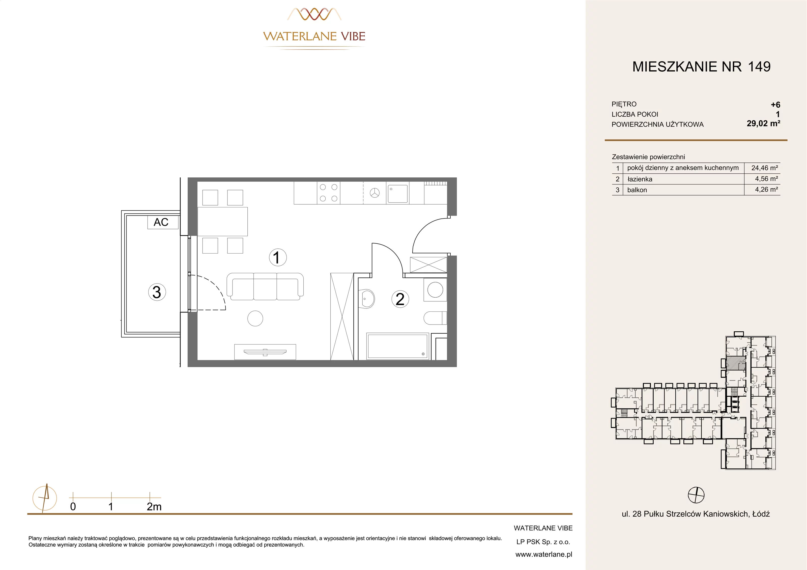 1 pokój, mieszkanie 29,02 m², piętro 6, oferta nr 149, Waterlane Vibe, Łódź, Polesie, Stare Polesie, ul. 28 Pułku Strzelców Kaniowskich 29