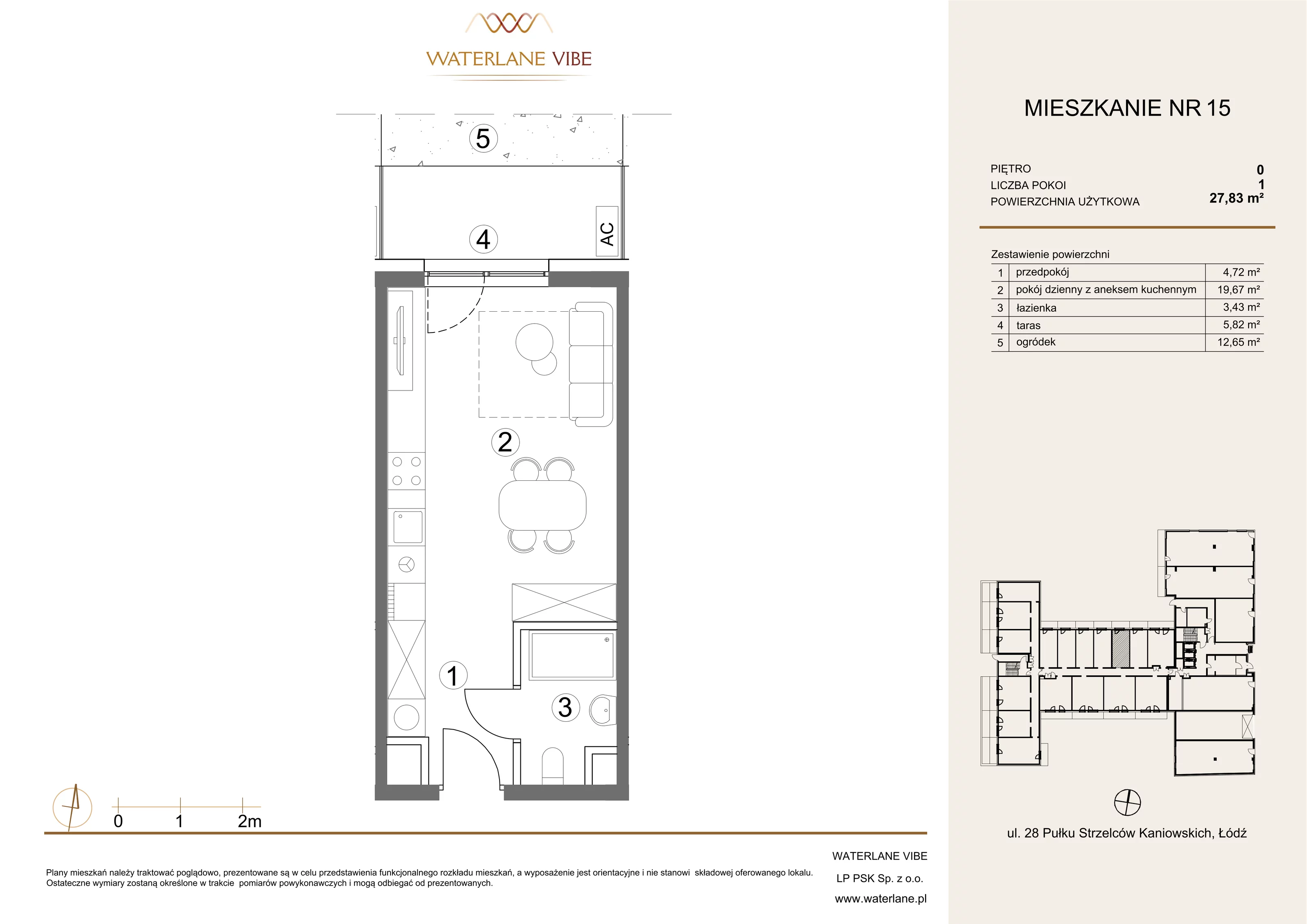 1 pokój, apartament 27,83 m², parter, oferta nr 15, Waterlane Vibe, Łódź, Polesie, Stare Polesie, ul. 28 Pułku Strzelców Kaniowskich 29