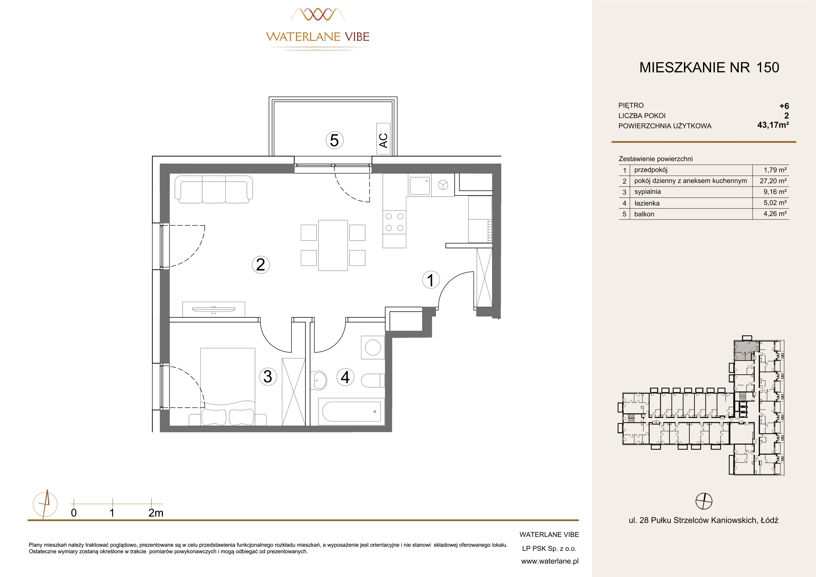 2 pokoje, mieszkanie 43,17 m², piętro 6, oferta nr 150, Waterlane Vibe, Łódź, Polesie, Stare Polesie, ul. 28 Pułku Strzelców Kaniowskich 29