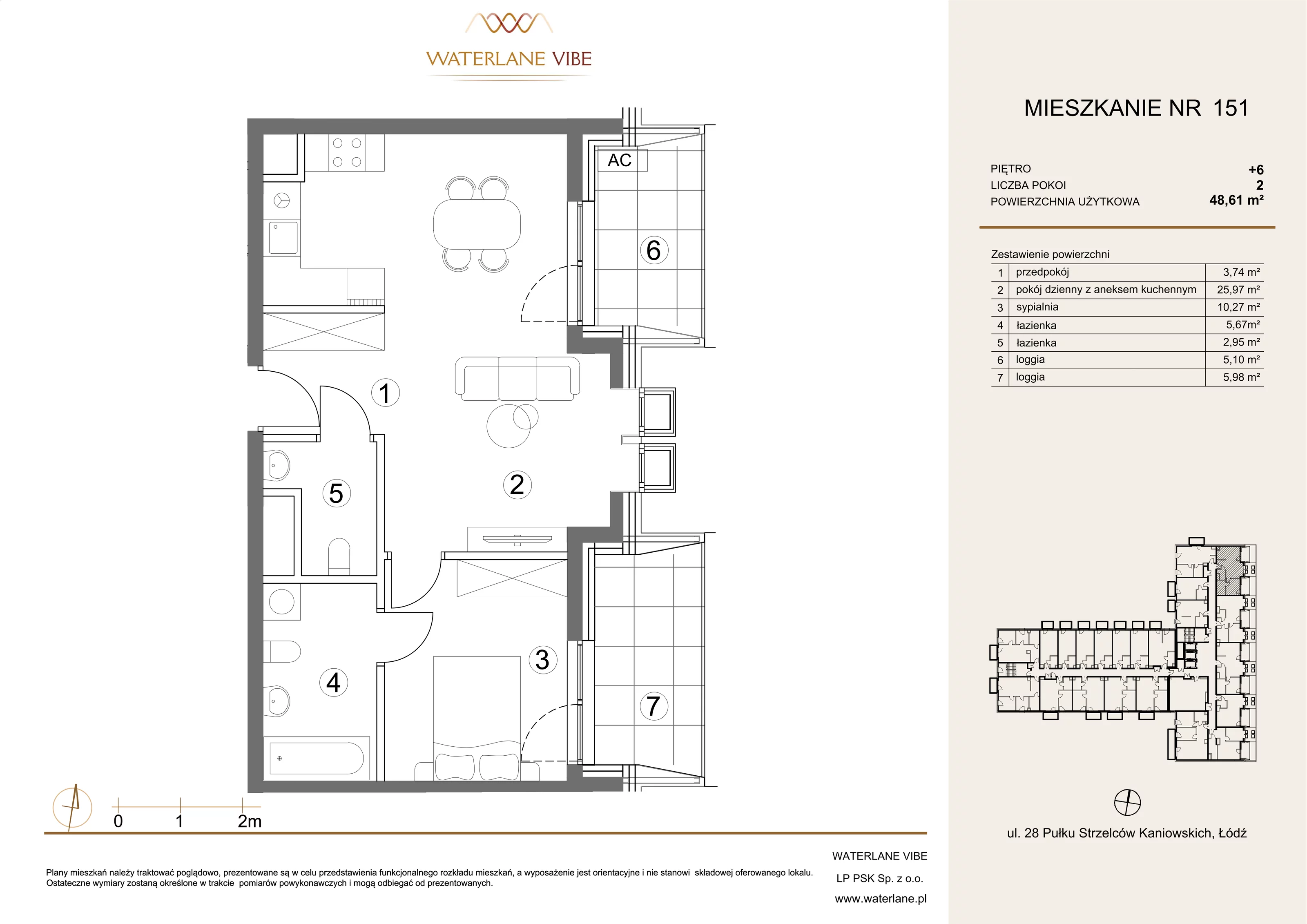 2 pokoje, apartament 48,61 m², piętro 6, oferta nr 151, Waterlane Vibe, Łódź, Polesie, Stare Polesie, ul. 28 Pułku Strzelców Kaniowskich 29