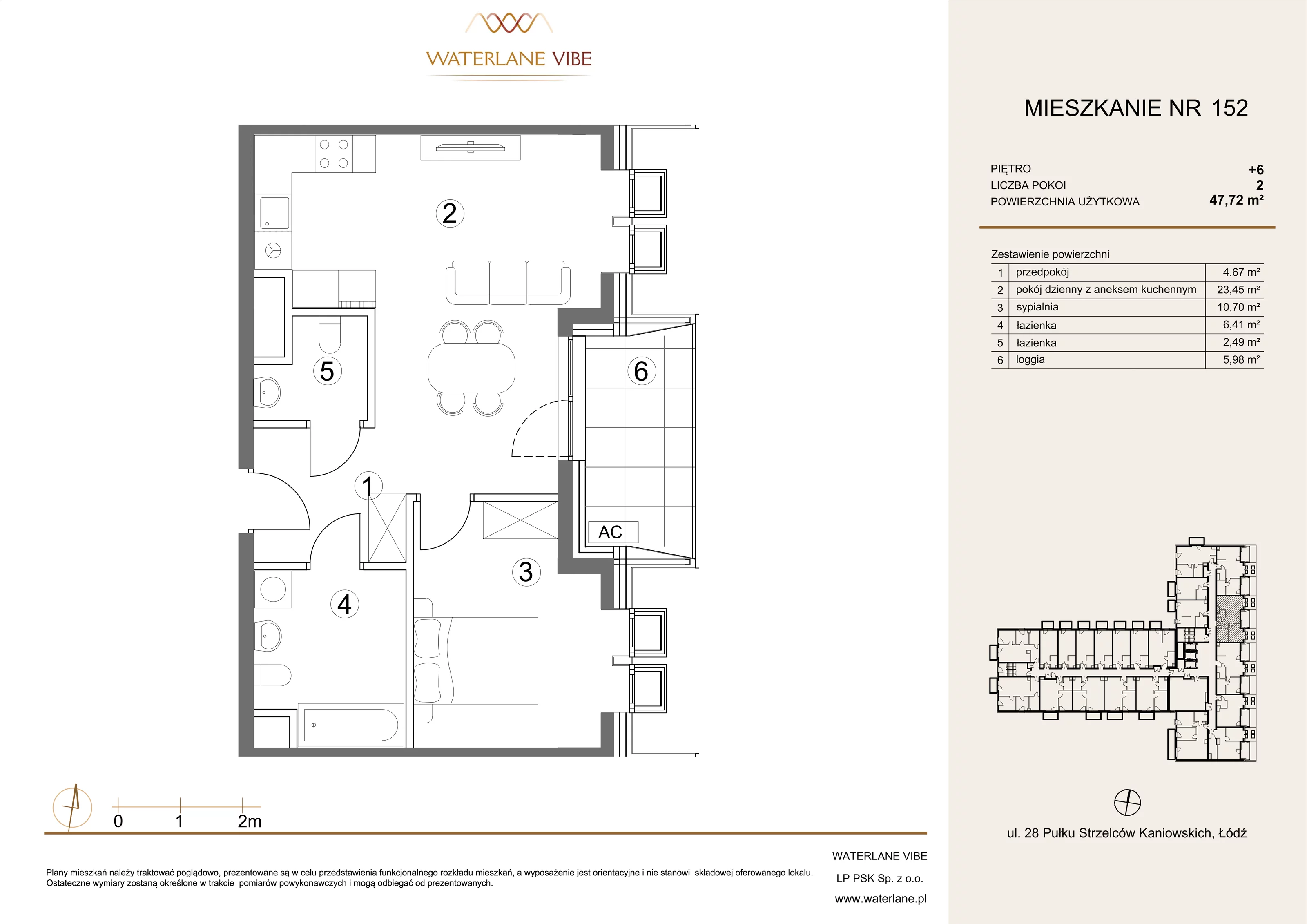 2 pokoje, mieszkanie 47,72 m², piętro 6, oferta nr 152, Waterlane Vibe, Łódź, Polesie, Stare Polesie, ul. 28 Pułku Strzelców Kaniowskich 29