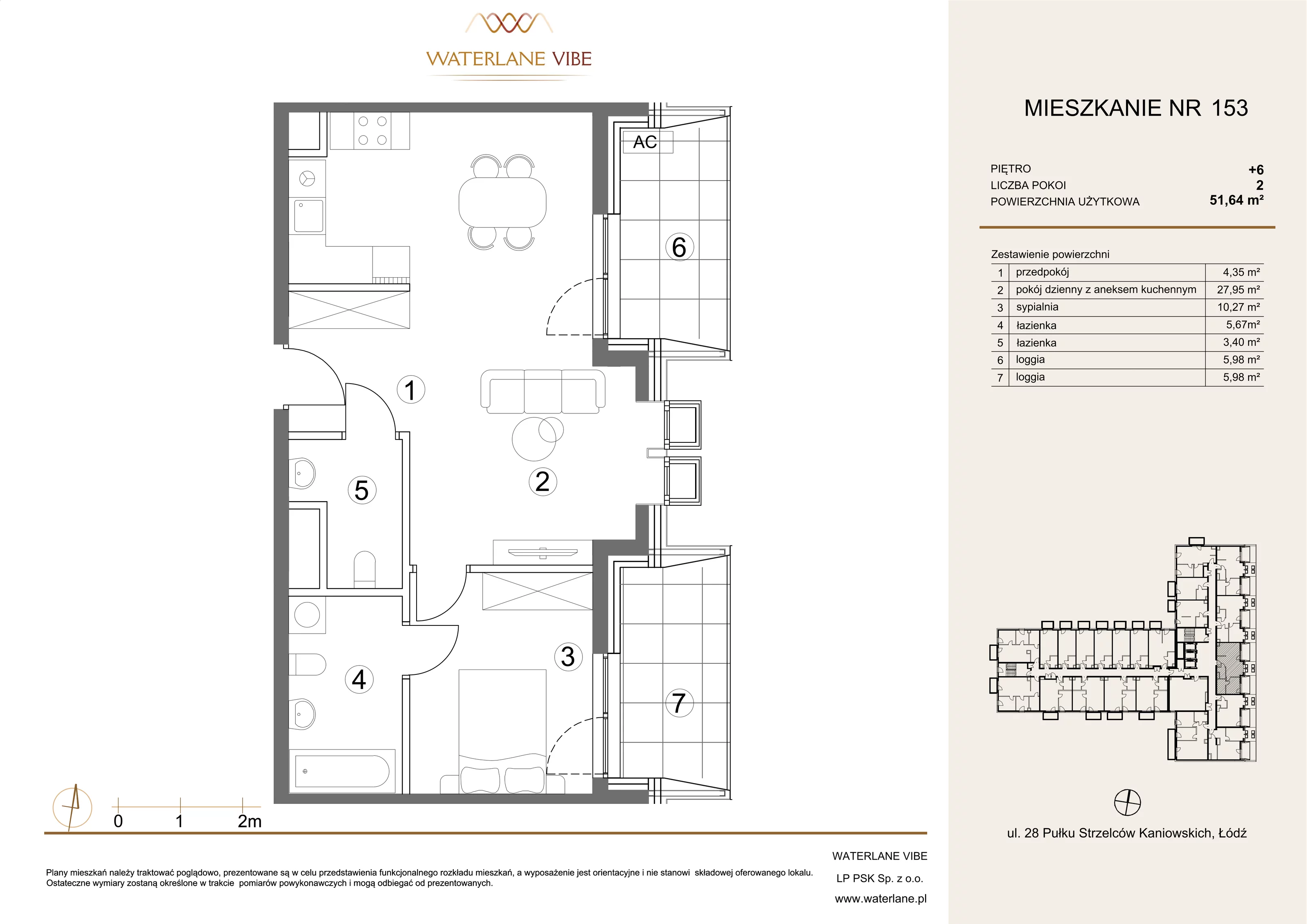 2 pokoje, apartament 51,64 m², piętro 6, oferta nr 153, Waterlane Vibe, Łódź, Polesie, Stare Polesie, ul. 28 Pułku Strzelców Kaniowskich 29