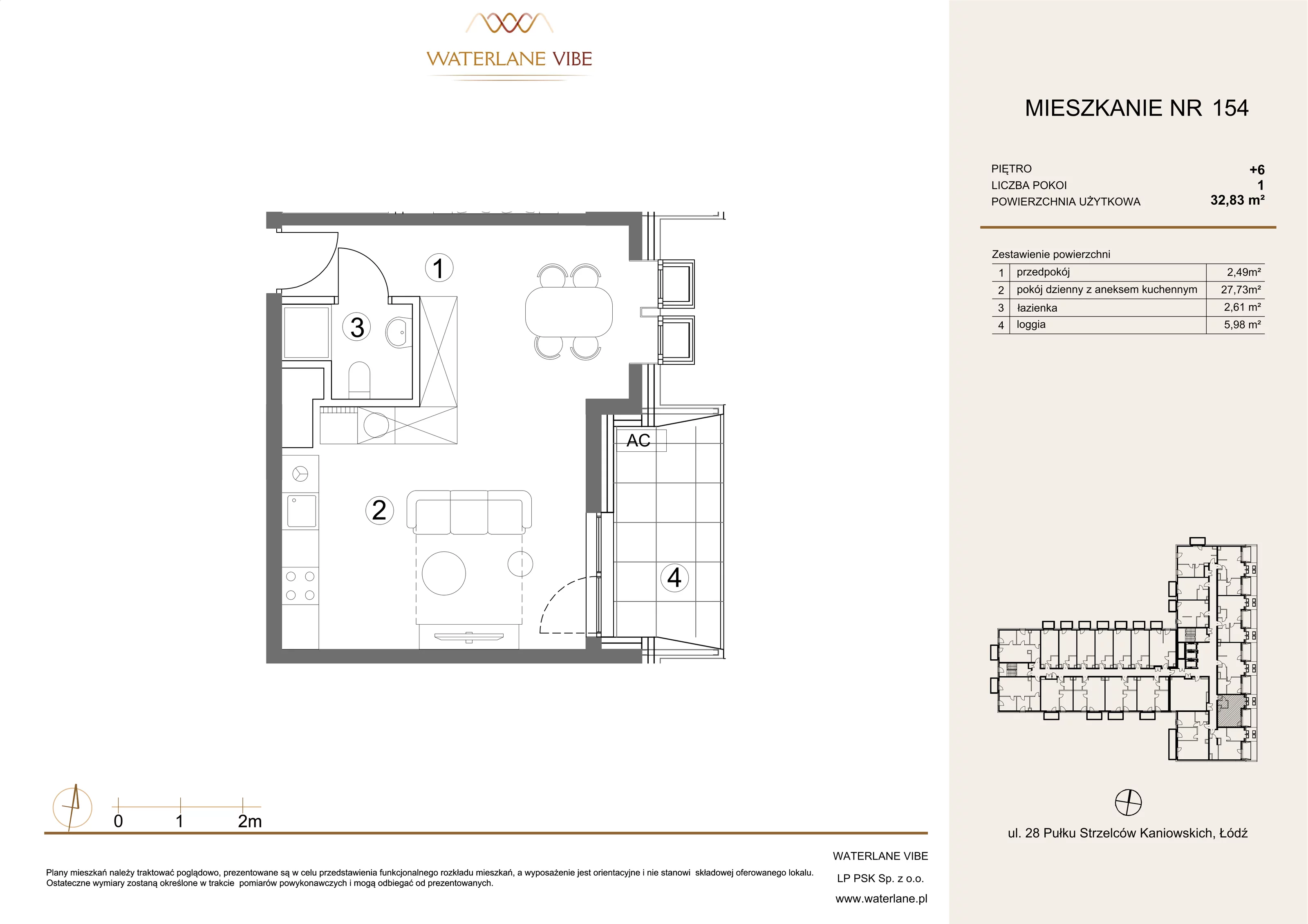 1 pokój, mieszkanie 32,83 m², piętro 6, oferta nr 154, Waterlane Vibe, Łódź, Polesie, Stare Polesie, ul. 28 Pułku Strzelców Kaniowskich 29