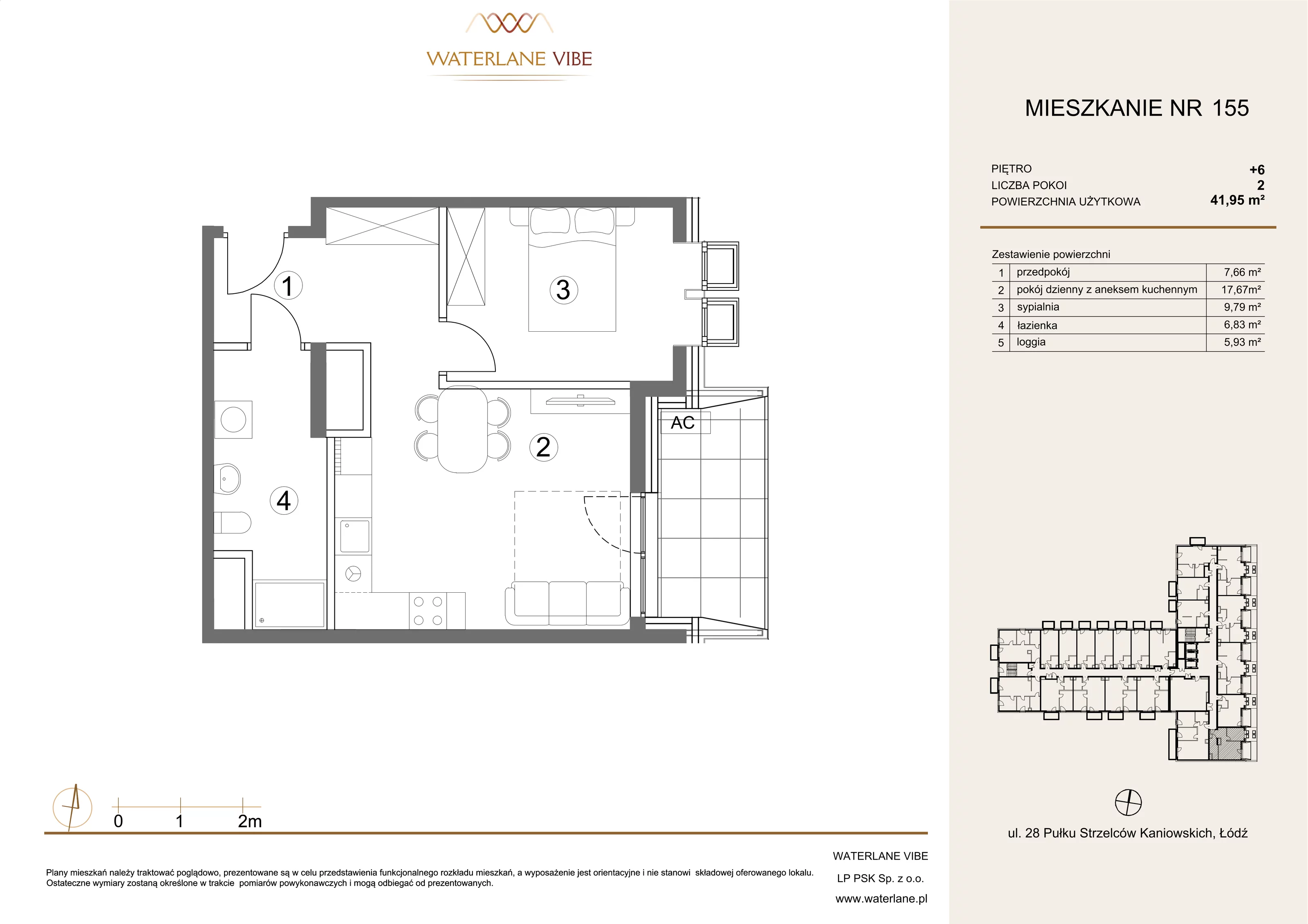 2 pokoje, mieszkanie 41,95 m², piętro 6, oferta nr 155, Waterlane Vibe, Łódź, Polesie, Stare Polesie, ul. 28 Pułku Strzelców Kaniowskich 29
