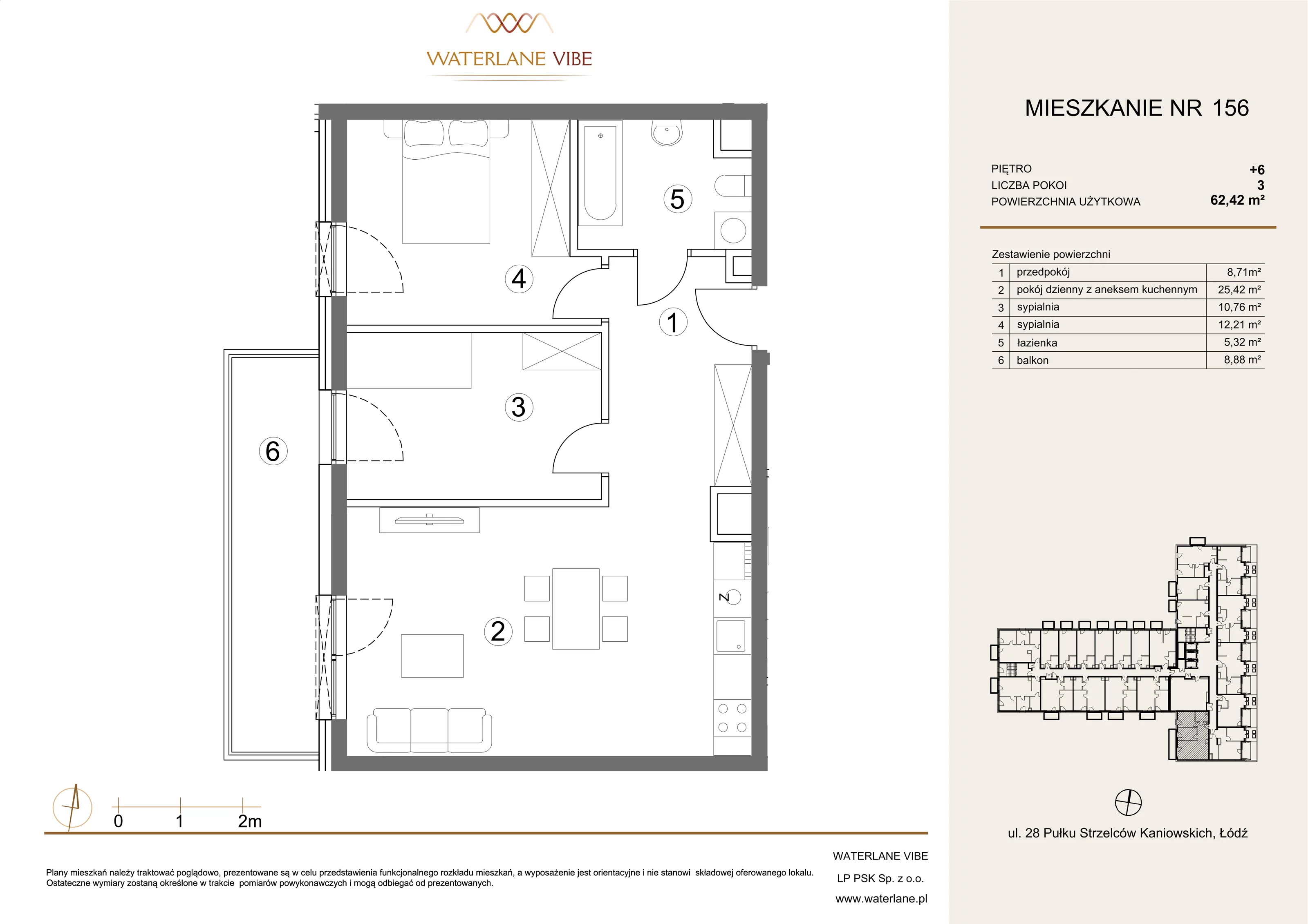 3 pokoje, mieszkanie 62,42 m², piętro 6, oferta nr 156, Waterlane Vibe, Łódź, Polesie, Stare Polesie, ul. 28 Pułku Strzelców Kaniowskich 29