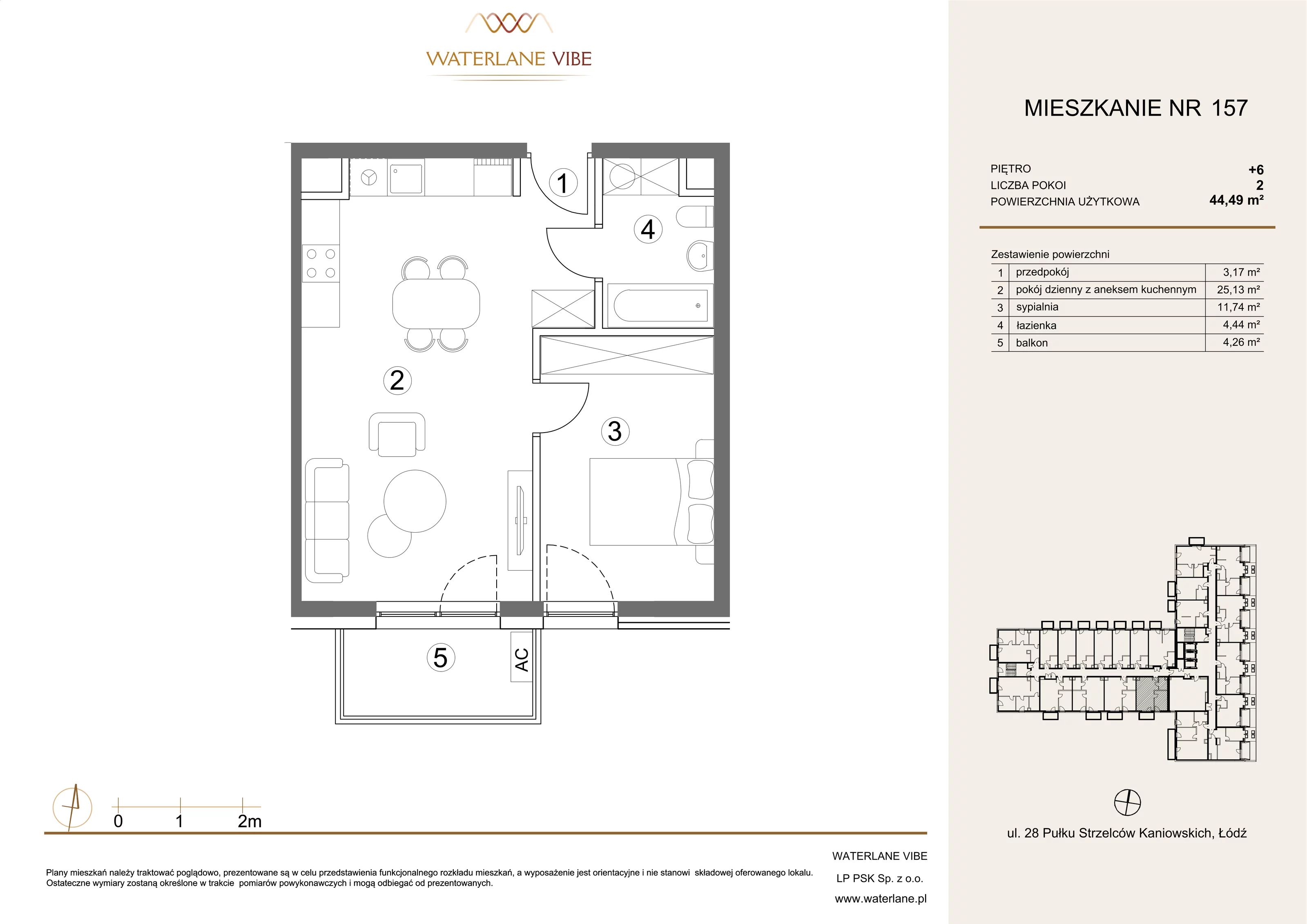 2 pokoje, mieszkanie 44,49 m², piętro 6, oferta nr 157, Waterlane Vibe, Łódź, Polesie, Stare Polesie, ul. 28 Pułku Strzelców Kaniowskich 29