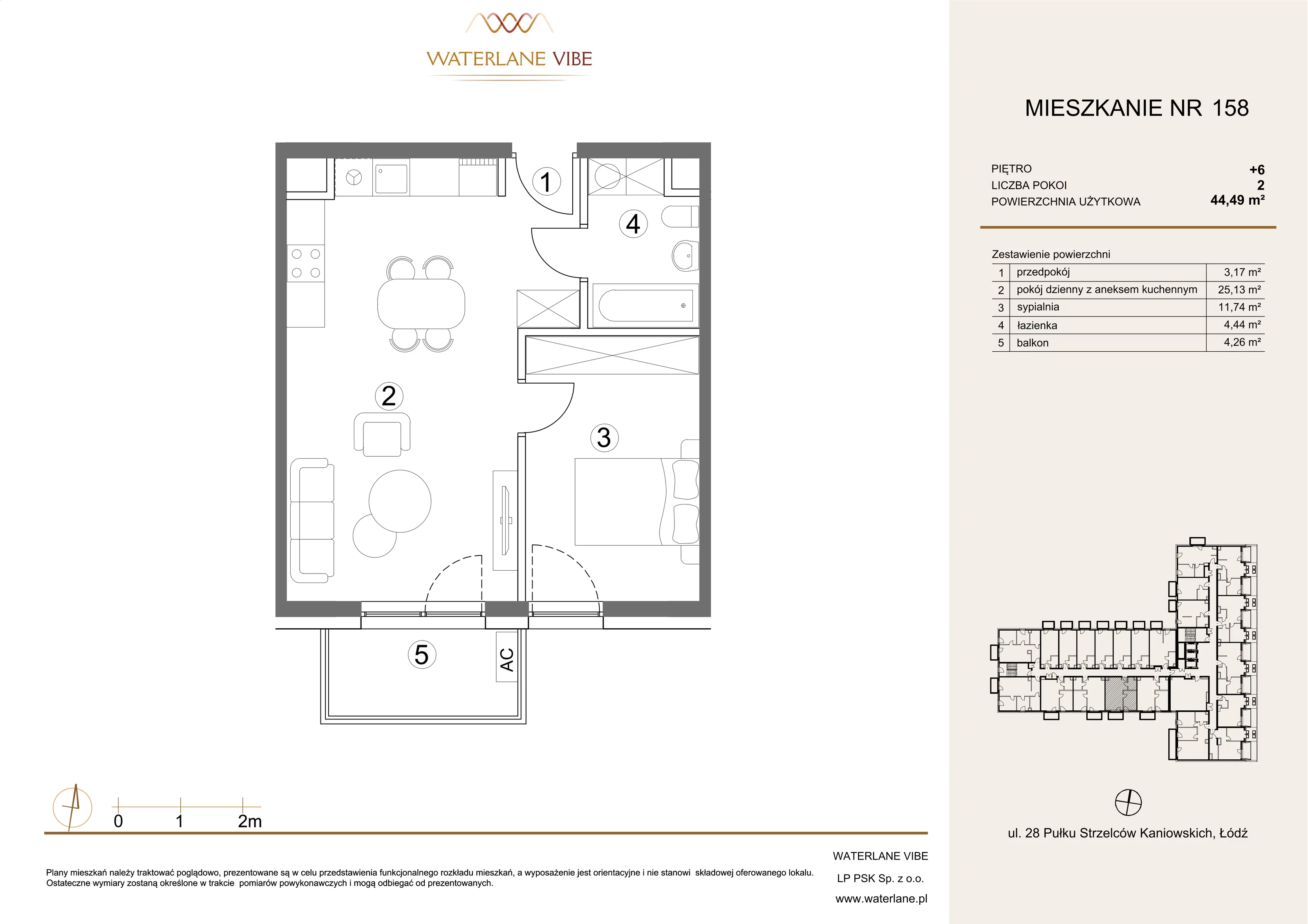 2 pokoje, mieszkanie 44,49 m², piętro 6, oferta nr 158, Waterlane Vibe, Łódź, Polesie, Stare Polesie, ul. 28 Pułku Strzelców Kaniowskich 29
