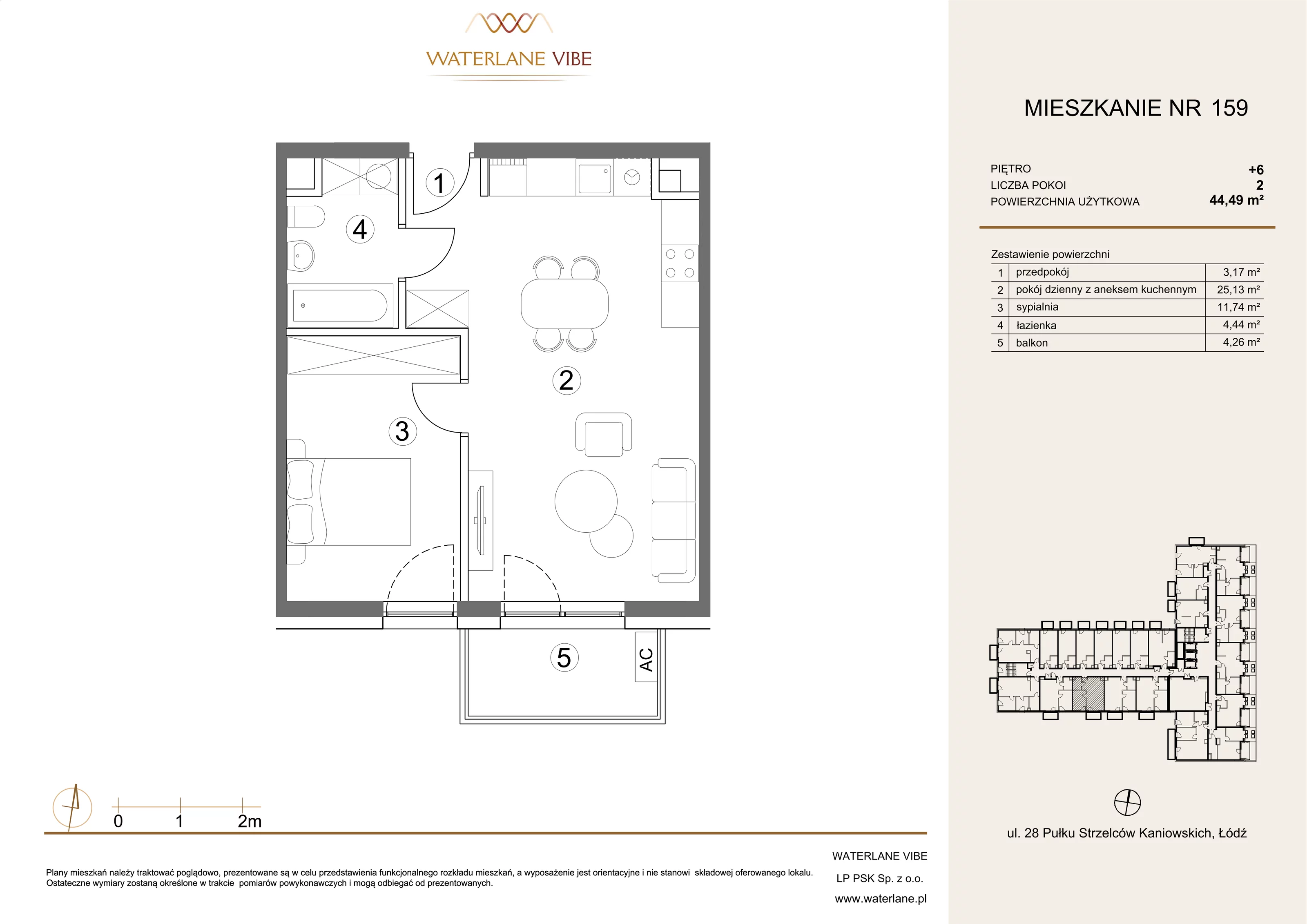 2 pokoje, mieszkanie 44,49 m², piętro 6, oferta nr 159, Waterlane Vibe, Łódź, Polesie, Stare Polesie, ul. 28 Pułku Strzelców Kaniowskich 29