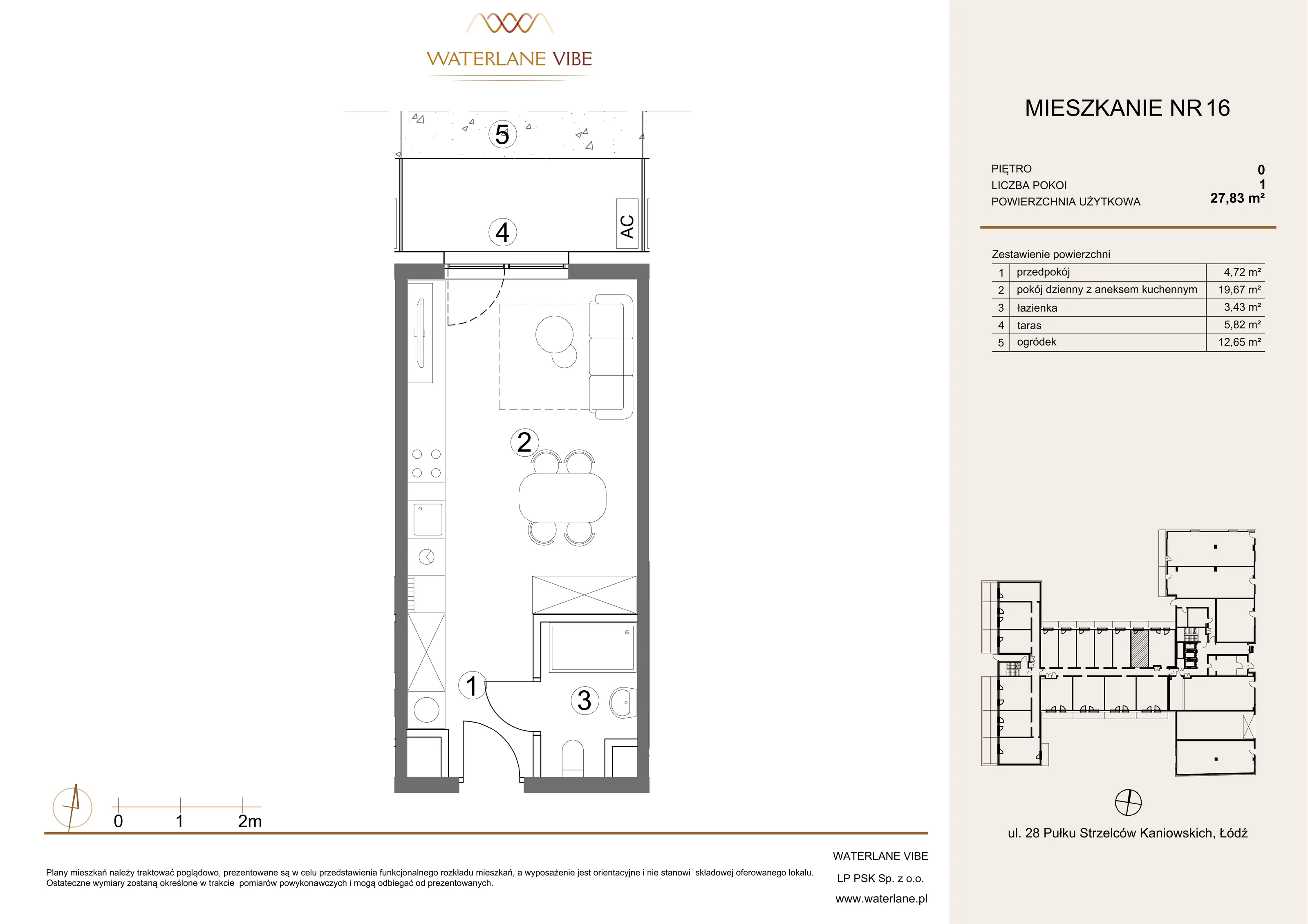 1 pokój, mieszkanie 27,83 m², parter, oferta nr 16, Waterlane Vibe, Łódź, Polesie, Stare Polesie, ul. 28 Pułku Strzelców Kaniowskich 29