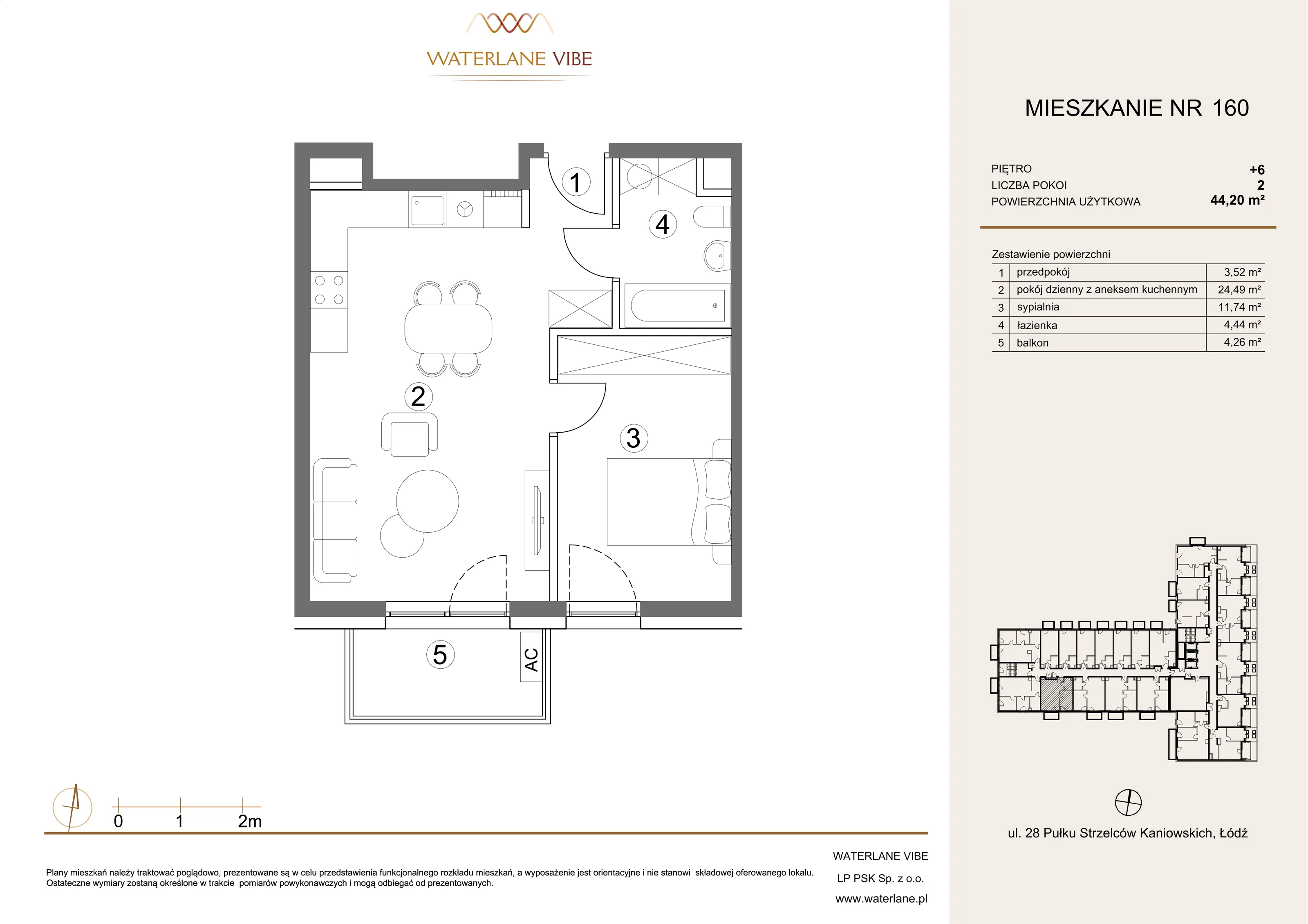 2 pokoje, mieszkanie 44,20 m², piętro 6, oferta nr 160, Waterlane Vibe, Łódź, Polesie, Stare Polesie, ul. 28 Pułku Strzelców Kaniowskich 29