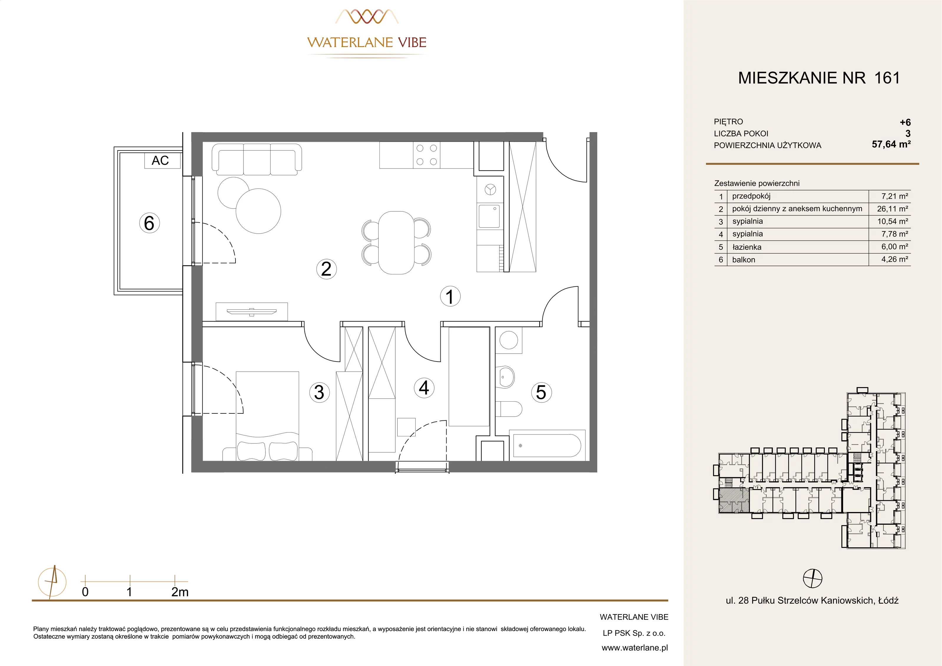 3 pokoje, mieszkanie 57,64 m², piętro 6, oferta nr 161, Waterlane Vibe, Łódź, Polesie, Stare Polesie, ul. 28 Pułku Strzelców Kaniowskich 29