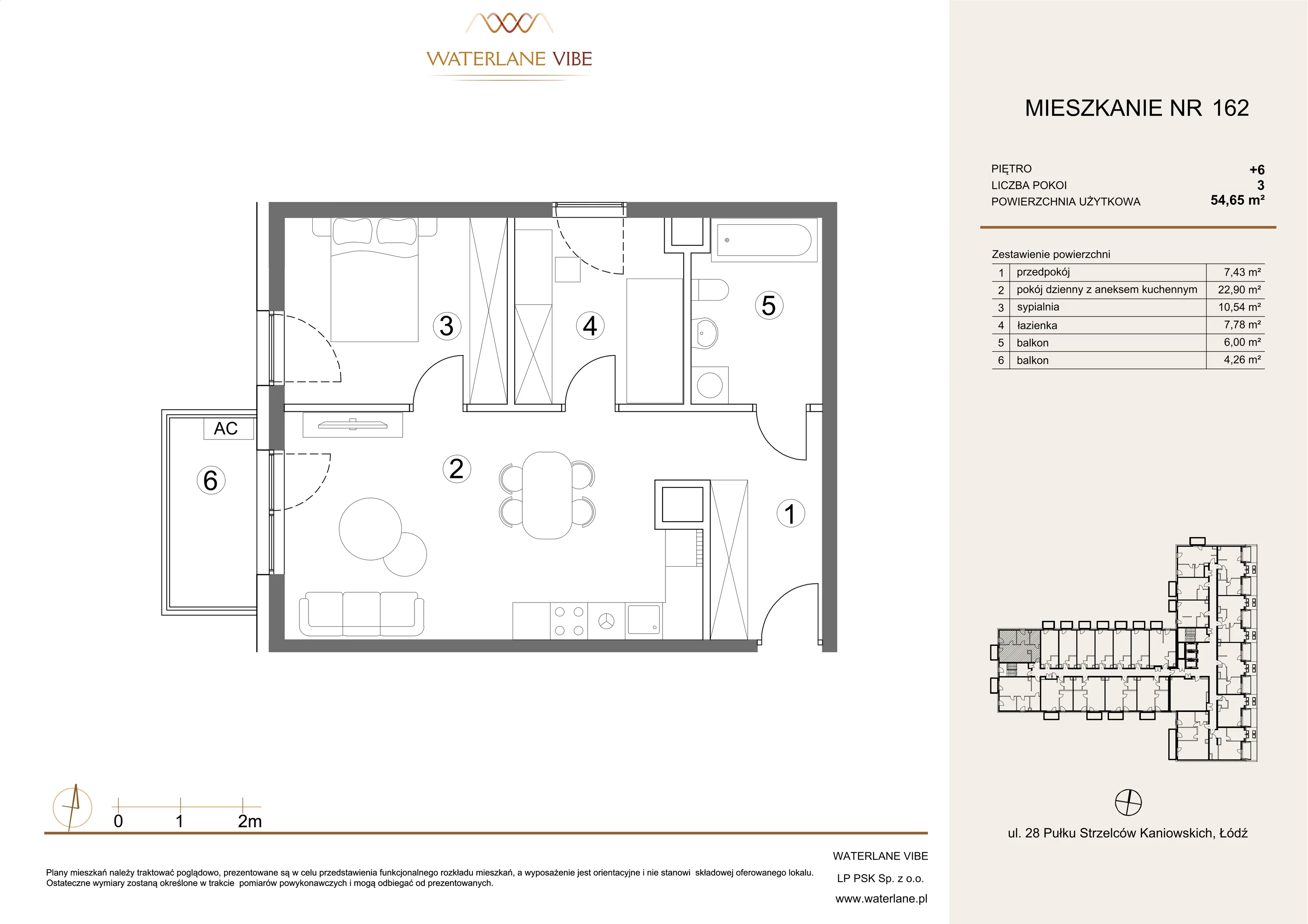 3 pokoje, mieszkanie 54,65 m², piętro 6, oferta nr 162, Waterlane Vibe, Łódź, Polesie, Stare Polesie, ul. 28 Pułku Strzelców Kaniowskich 29