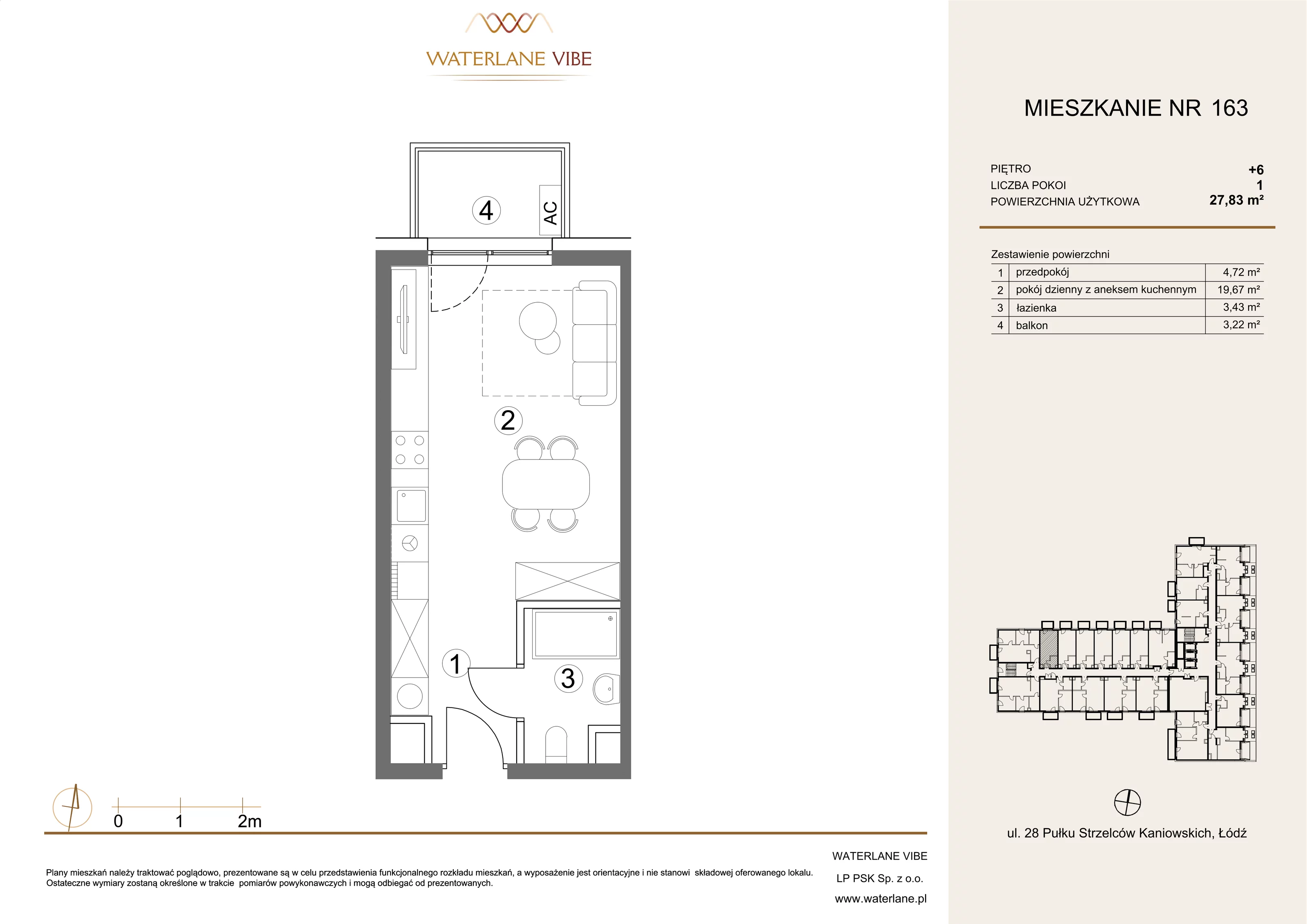 1 pokój, mieszkanie 27,83 m², piętro 6, oferta nr 163, Waterlane Vibe, Łódź, Polesie, Stare Polesie, ul. 28 Pułku Strzelców Kaniowskich 29
