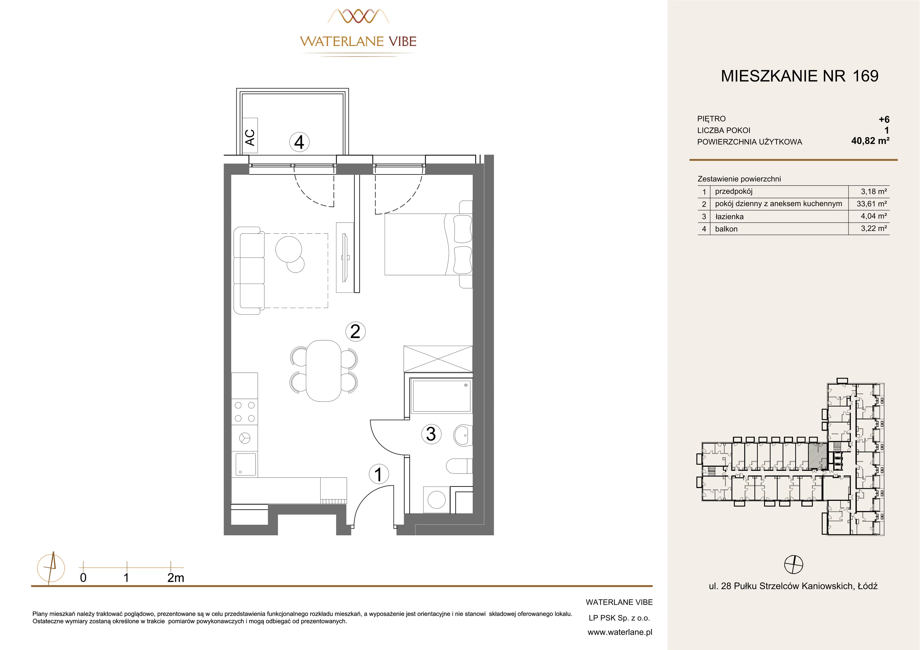 1 pokój, mieszkanie 40,82 m², piętro 6, oferta nr 169, Waterlane Vibe, Łódź, Polesie, Stare Polesie, ul. 28 Pułku Strzelców Kaniowskich 29
