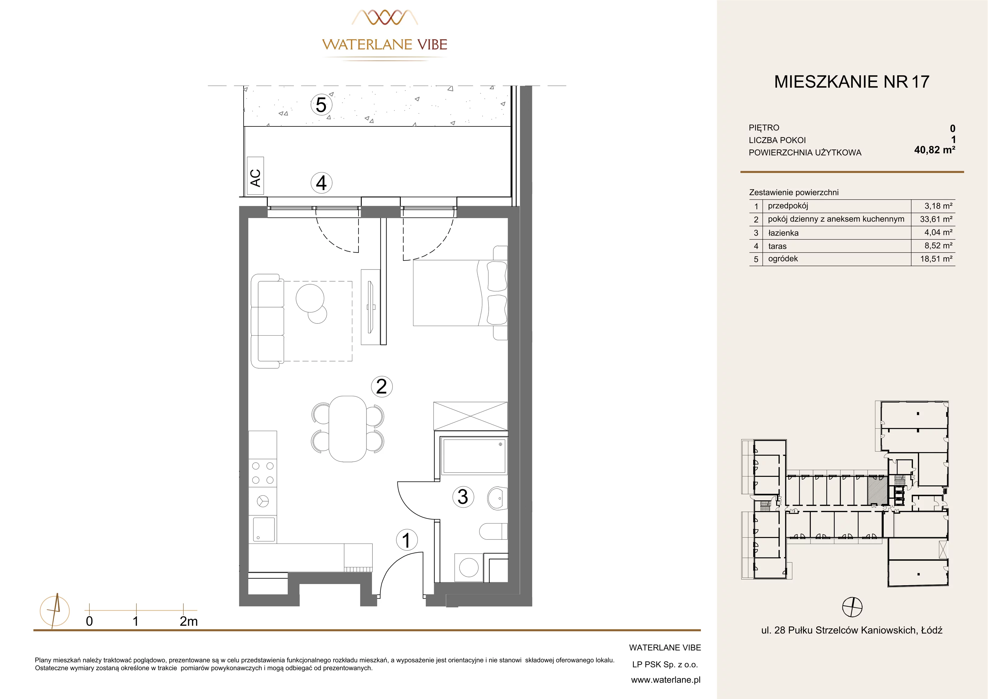 1 pokój, apartament 40,82 m², parter, oferta nr 17, Waterlane Vibe, Łódź, Polesie, Stare Polesie, ul. 28 Pułku Strzelców Kaniowskich 29
