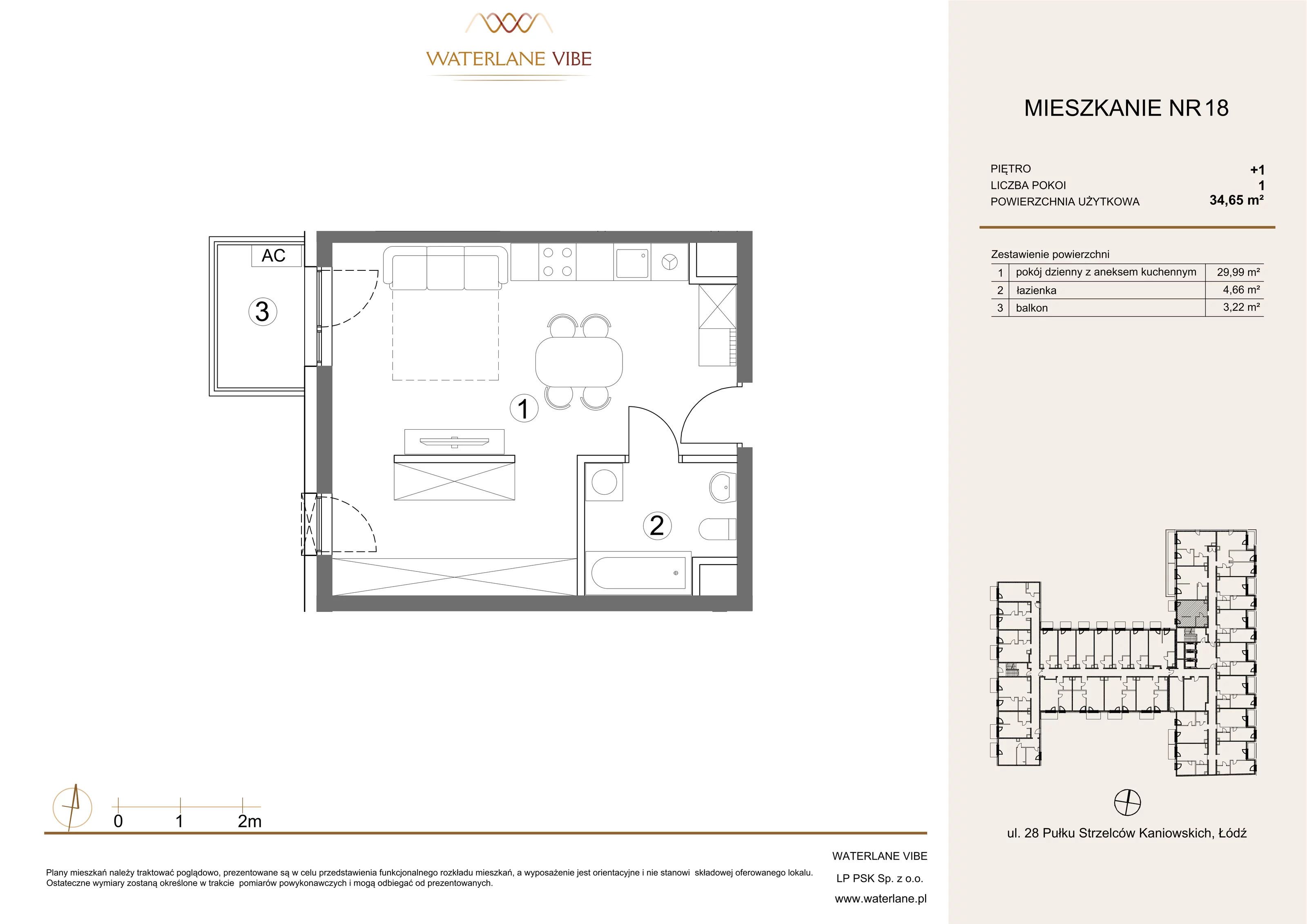 1 pokój, apartament 34,65 m², piętro 1, oferta nr 18, Waterlane Vibe, Łódź, Polesie, Stare Polesie, ul. 28 Pułku Strzelców Kaniowskich 29
