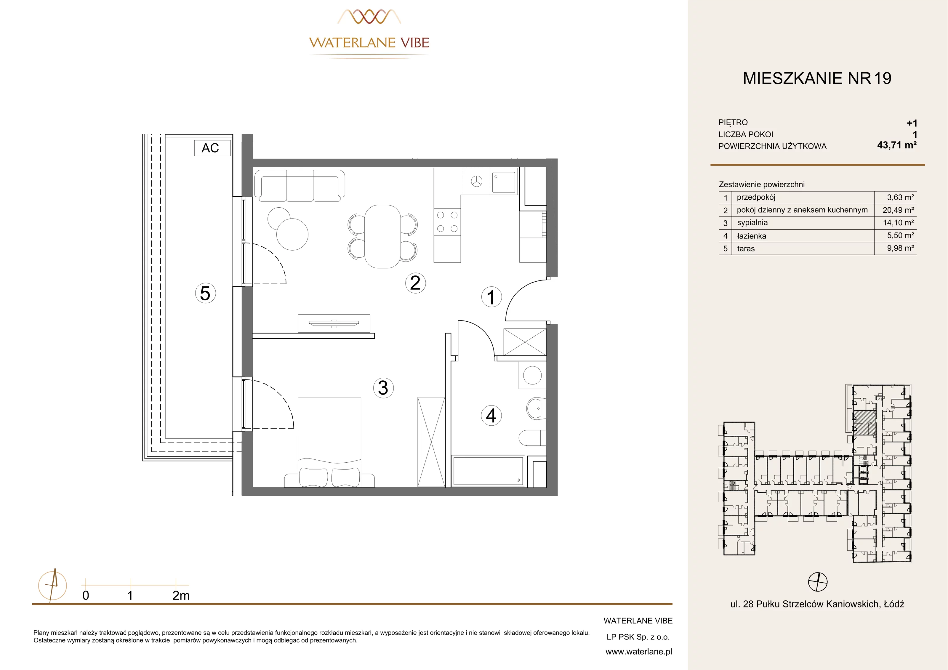 1 pokój, mieszkanie 43,71 m², piętro 1, oferta nr 19, Waterlane Vibe, Łódź, Polesie, Stare Polesie, ul. 28 Pułku Strzelców Kaniowskich 29