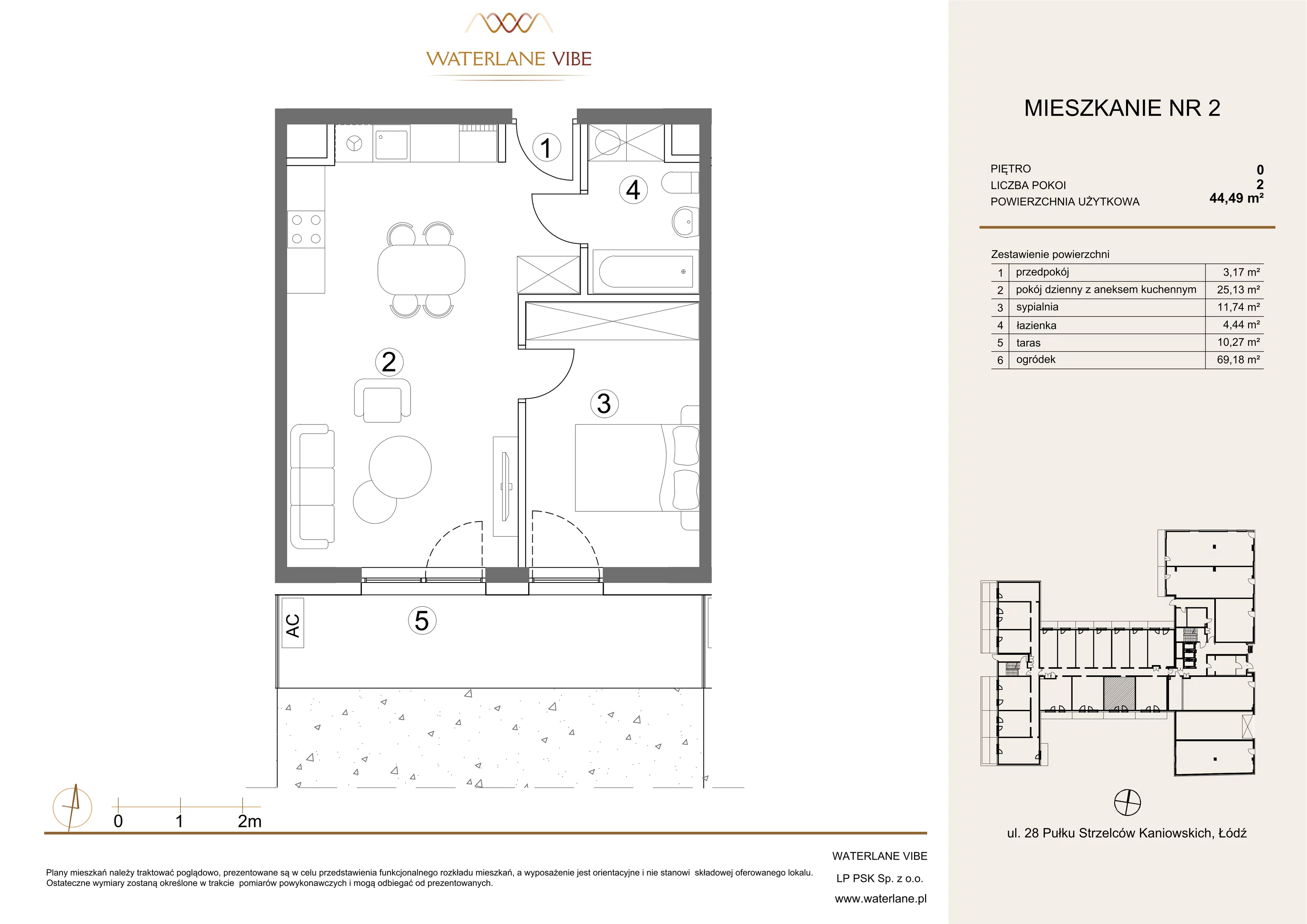 2 pokoje, mieszkanie 44,49 m², parter, oferta nr 2, Waterlane Vibe, Łódź, Polesie, Stare Polesie, ul. 28 Pułku Strzelców Kaniowskich 29