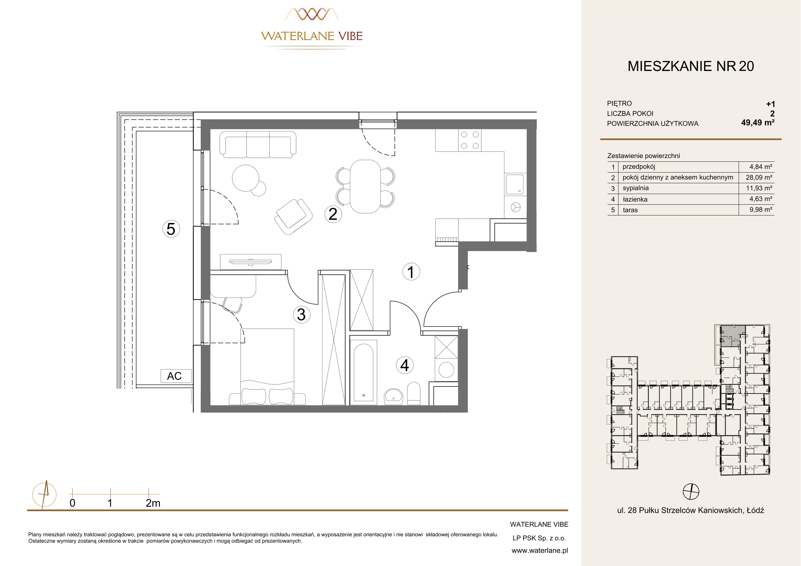 2 pokoje, apartament 49,49 m², piętro 1, oferta nr 20, Waterlane Vibe, Łódź, Polesie, Stare Polesie, ul. 28 Pułku Strzelców Kaniowskich 29