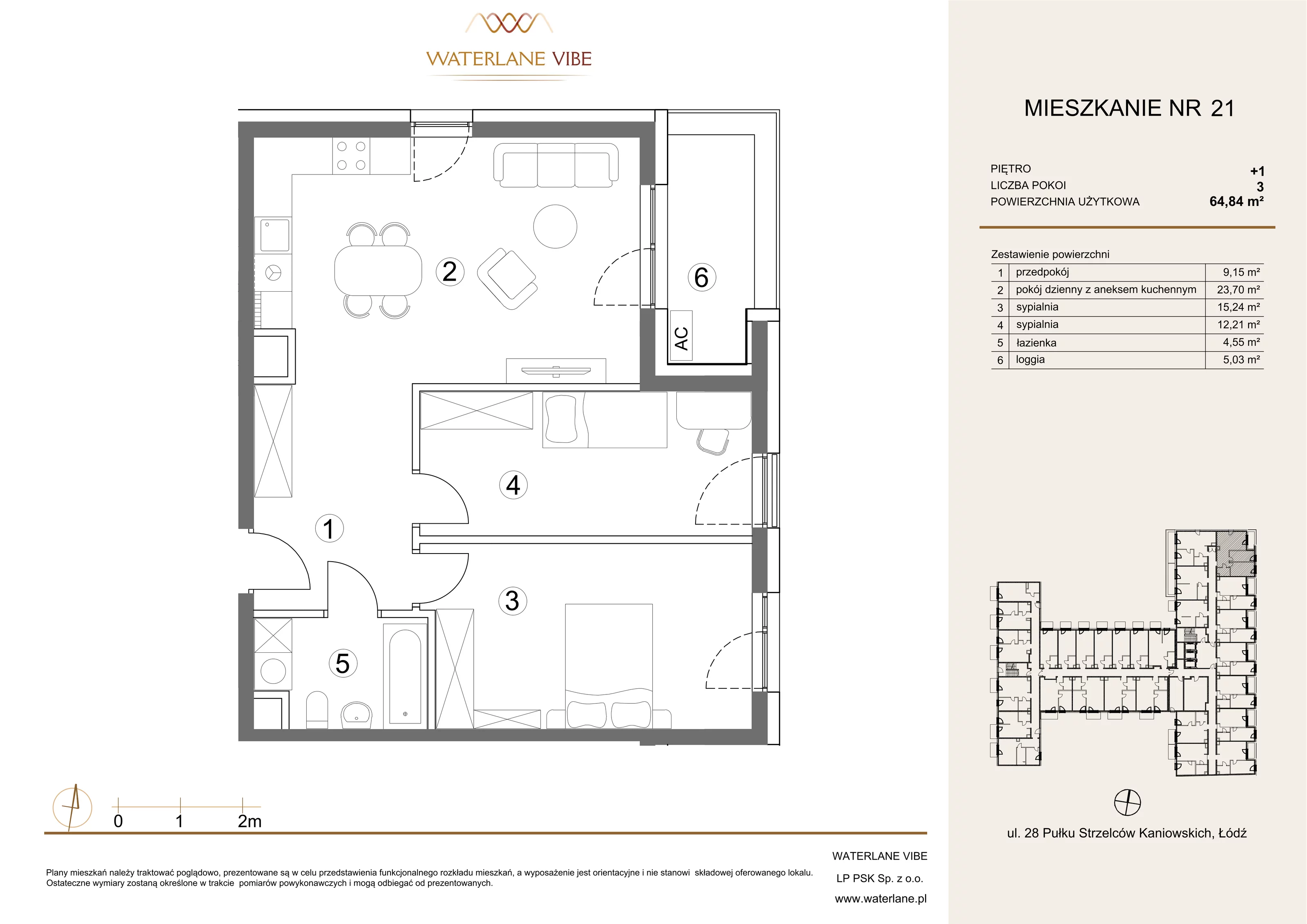 3 pokoje, apartament 64,84 m², piętro 1, oferta nr 21, Waterlane Vibe, Łódź, Polesie, Stare Polesie, ul. 28 Pułku Strzelców Kaniowskich 29