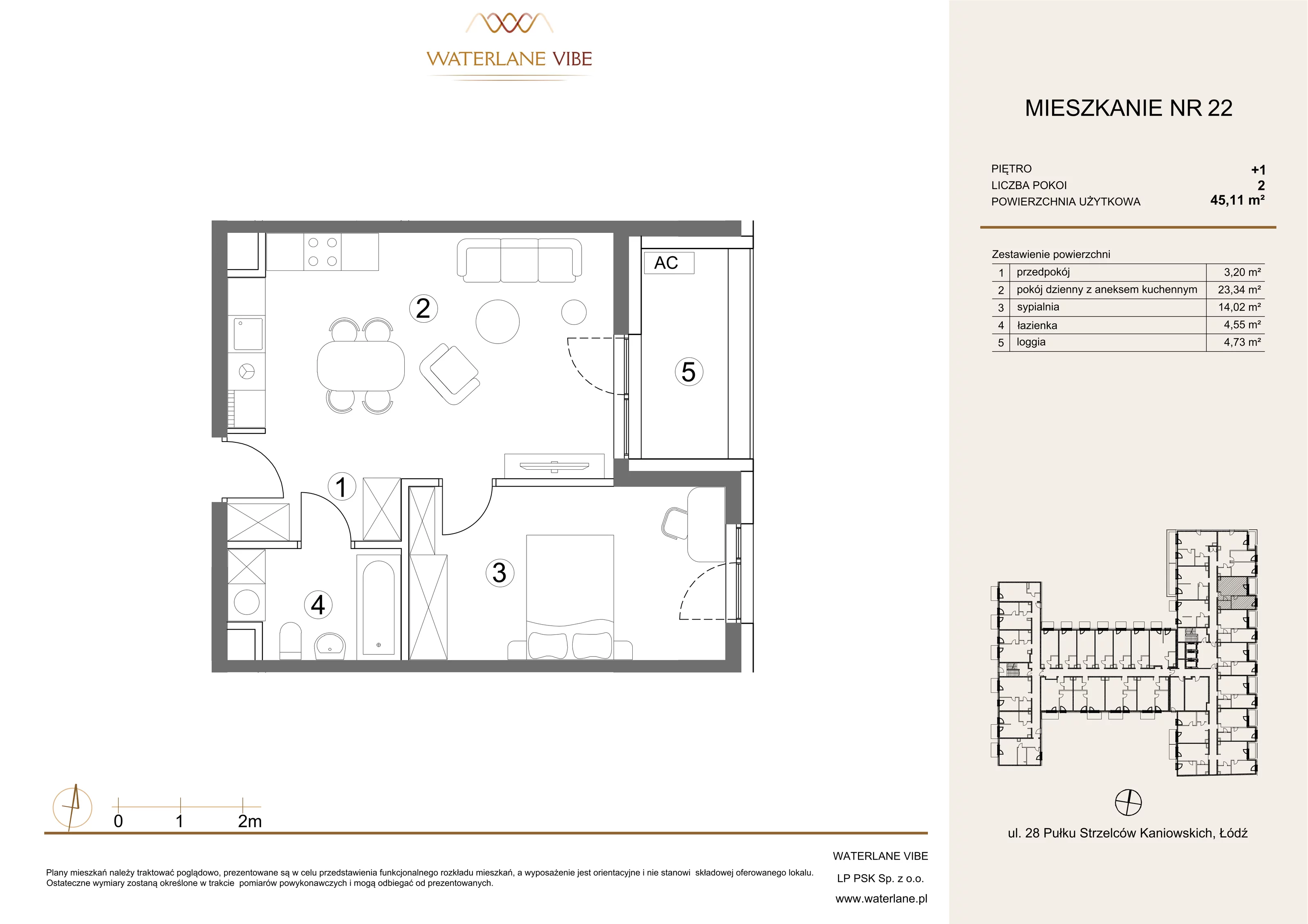 2 pokoje, mieszkanie 45,11 m², piętro 1, oferta nr 22, Waterlane Vibe, Łódź, Polesie, Stare Polesie, ul. 28 Pułku Strzelców Kaniowskich 29