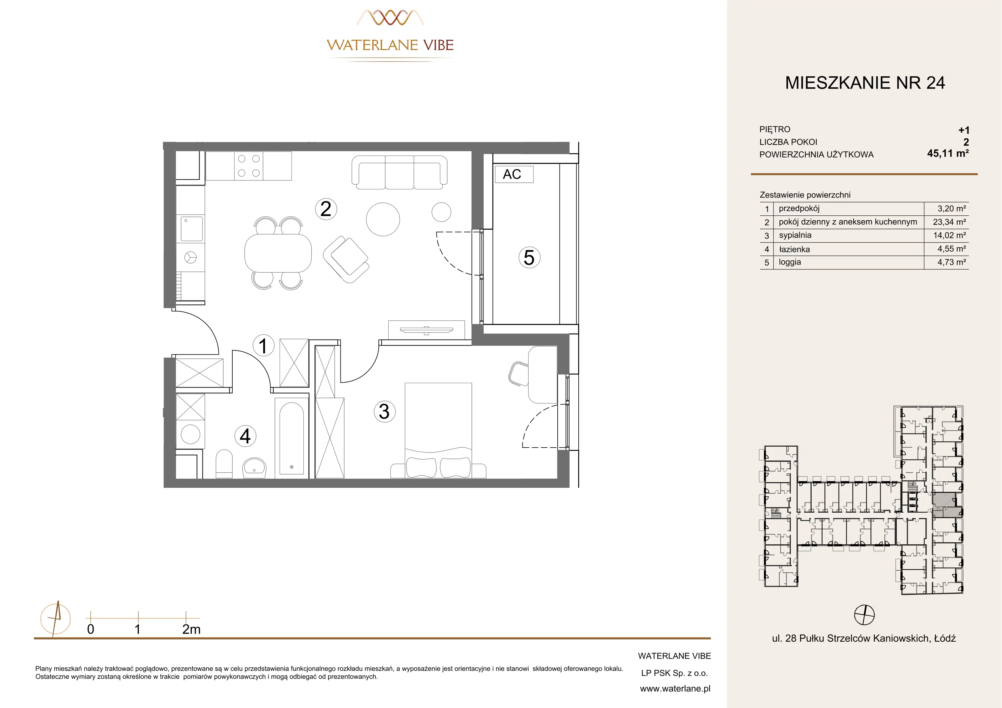 2 pokoje, mieszkanie 45,11 m², piętro 1, oferta nr 24, Waterlane Vibe, Łódź, Polesie, Stare Polesie, ul. 28 Pułku Strzelców Kaniowskich 29
